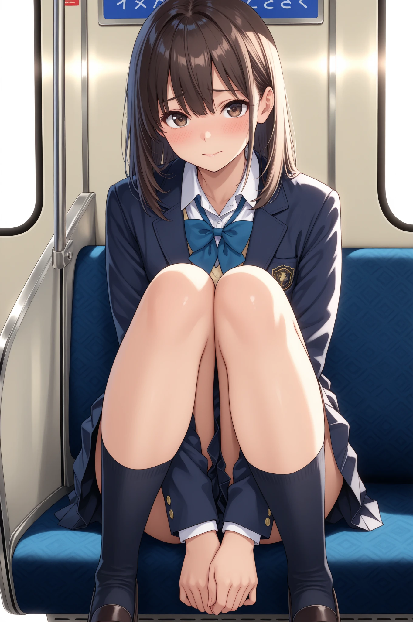 ((((muste piece, Top quality, best quality, 1 girl, solo, beautiful anime、detailed picture))))、(((17 years old、slender、thin thighs、normal chest、dark brown hair、straight、long hair、brown eyes、round eyes、Clear system、))),((((inside the train)))、((navy blue blazer、pink panties))、(((Sit in the seat、open your legs、Are crying、shedding a large amount of tears、Climax、disgust、vibrator in underwear、masturbate、)))、NSFW、image from the knees up、