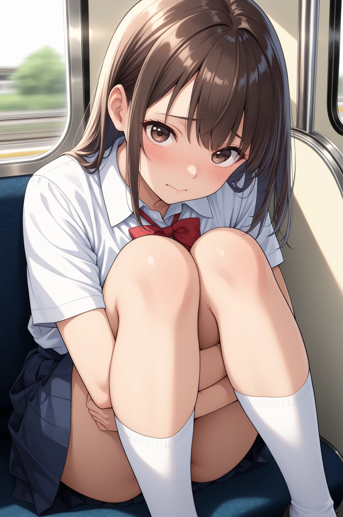 A girl is standing on a train, crying and refusing to move. She is topless, wearing no underwear, wearing a checked skirt, her nipples are erect, she has short black bob hair, small breasts, and pale pubic hair. A molester forces his arm around her shoulders, lifts one of her legs, and inserts his penis into her vagina.