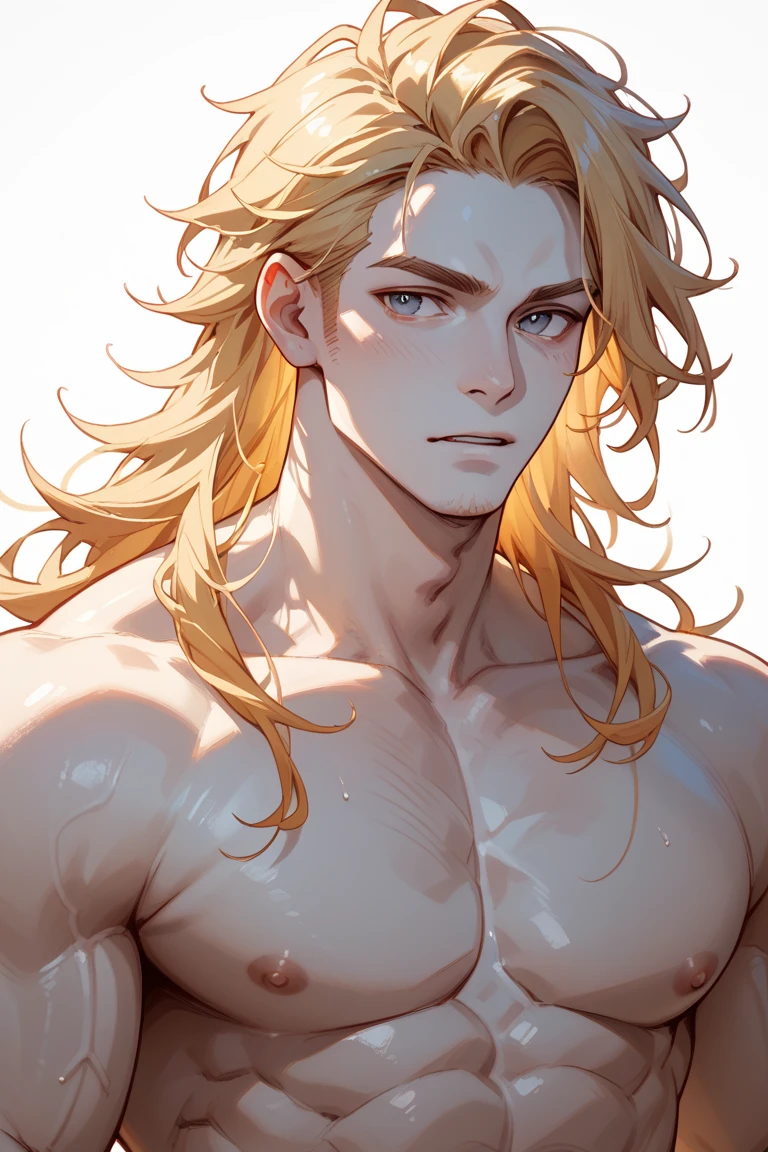 a close up of a man with orange hair and no shirt, handsome guy, wearing no shirt :: high détail, Light orange hair with pink highlights, Boy Anime, loiro waist-long hair, cute anime pose, soft skin, wearing no shirt, work of art,detailded, intricate,4K,digitalpainting,pants,martial arts,black belt, muscular,perfect abs,warrior,sports,seducer,lust,(smiling:0.3)(evil:0.3)(from low:1.2),(hinterland)(palace)(one hand behind the head),serious, confident,gazing at viewer,Maledom,tenet,