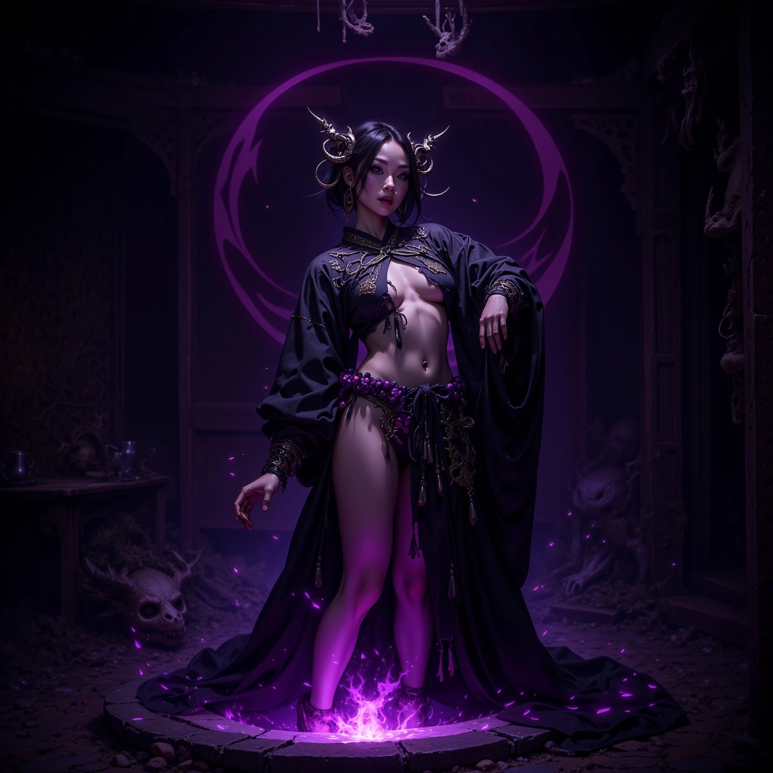 The goddess Kali as a statue made of amethyst crystals shining and shimmering under the moonlight with fractal radiance, sculpture, 3d, hdr, high quality, insane detail, intricate details, ultra realistic, masterpiece:1.7