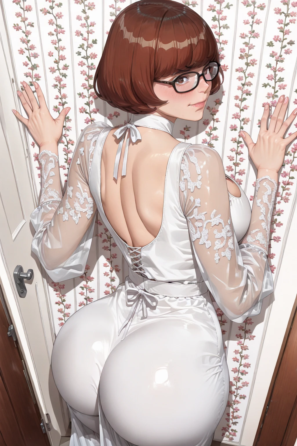 masutepiece , 1girl in , Background , Orange hair , hair between eye , sleepy eyes , a smile, bobhair , Choker , eye glasses、See-through shirt , Show your ass、stick out buttocks、grab the ass、Sleep on your stomach with your butt forward on the bed