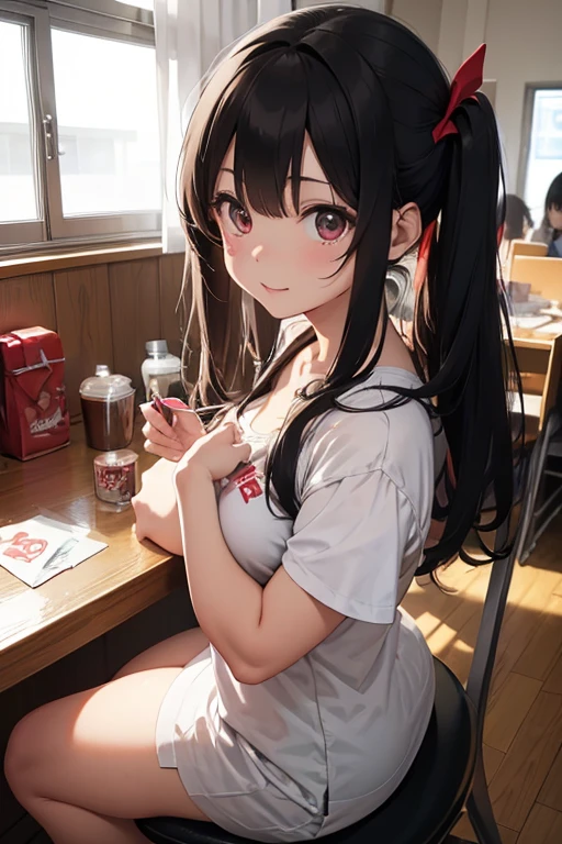 1 female, brown long messy anime hair, huge breast, thick legs, brown eyes, thick eyebrows, black jacket, red t-shirt, jeans, studio room, eating pizza
