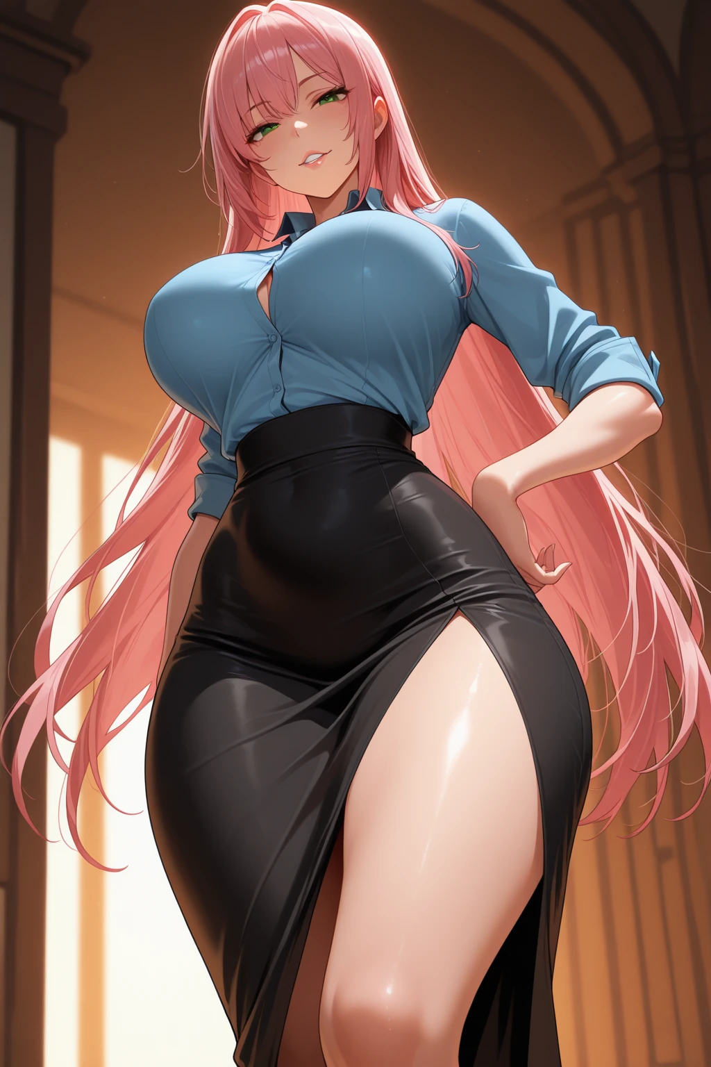 1girl, huge_breasts, legs, solo, red_hair, green_eyes, skirt, standing, legs, <lora:SpreadLegs:-1>, masterpiece, best_quality, detailed_face, detailed_eyes, highres, beautiful, detailed, absurdres,
