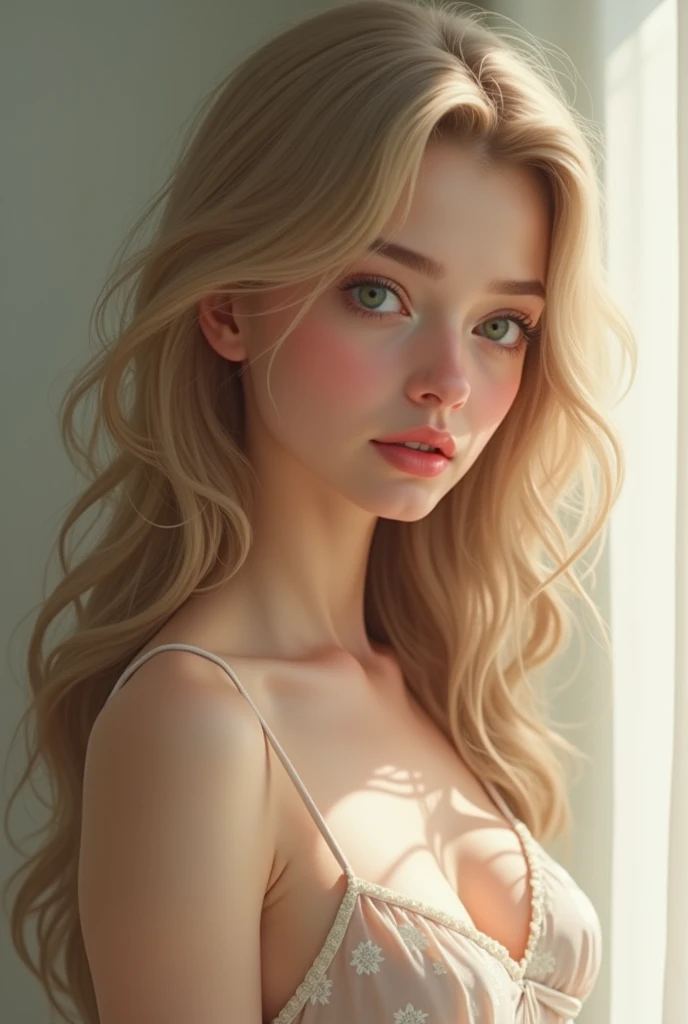 A girl with pale skin, brown blond, wavy hair with bangs, light grayish brown eyes, almond shaped eyes, white angel dress