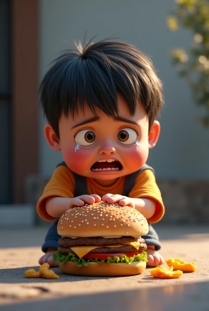 1 dark skinned teenager with short black hair and brown eyes eating hamburger