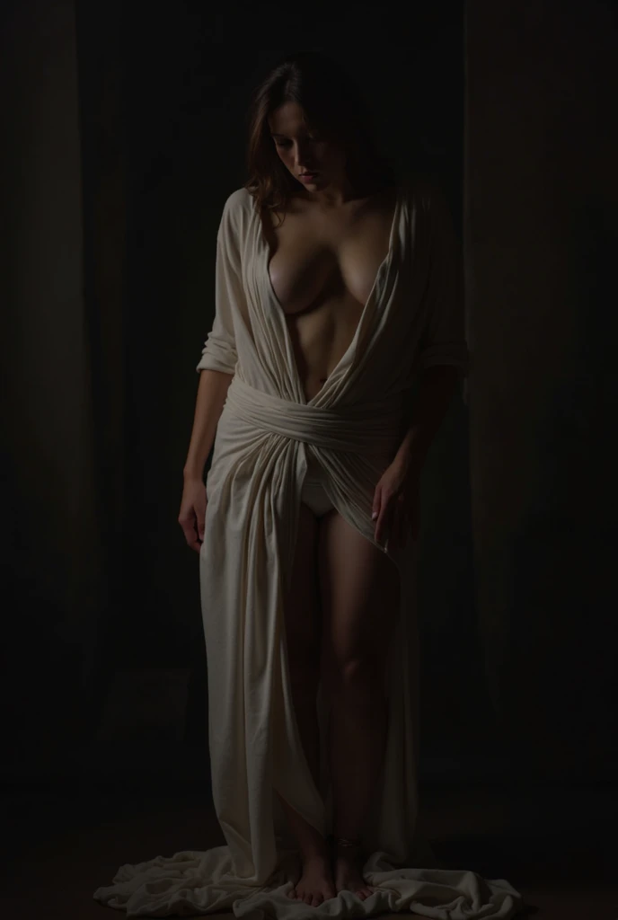 (8K, RAW photos, best image quality, masterpieces, : 1.2), (realistic, photorealistic: 1.37), young girl, small frame, exposed body, torn clothes, bruised, dirty hair, cinematic lighting, chained, restrained, dungeon, young teen girl, wet skin, ultra realisticc, pregnant belly, tears, ,crying, bruised body, torn clothes, panties round ankles, defeated
