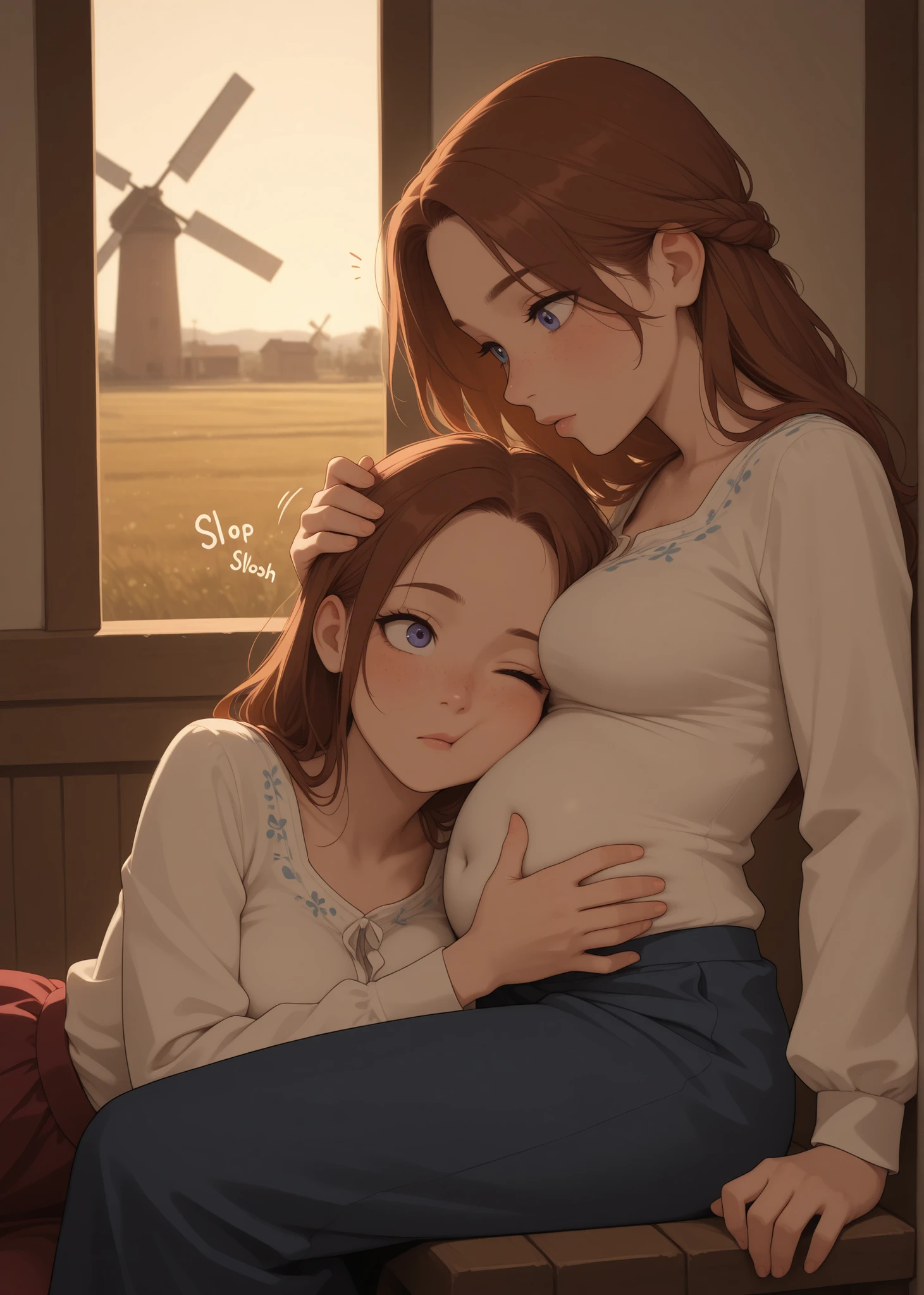 countryside meadow, windmill, Scandinavian woman, flowery Scandinavian blouse, skirt, hair extension,
fully dressed, covered navel, belly concealed by clothes,
visible forehead, freckles, moles, detailed eyes, detailed lips,
slim body, slim waist, slim belly, skinny, athletic, slight muscles, medium breasts, 

underlighting, dim, light, flat colors,
profile, sideview, from the side, 

2 adult females, different hair colors, different haircuts, different clothes, sitting, lying,  
resting her head on top of her sister's belly, a woman pressing her ear into her sister's belly, side of the head pressing against her sister's belly, listening to her sister's belly, leaning against belly, head next to belly, head resting on belly, ear pressed to belly, head pressed above navel, smooshed cheek, the one listening to the belly has both eyes visible, face turned outward toward viewer, facing viewer, pupils leering toward belly, curious expression, surprised expression, one eyebrow raised, one eye shut in focus, sister smiles,

digestion SFX, "gurgle" and "slosh" and "glorp" sound effects from her stomach,