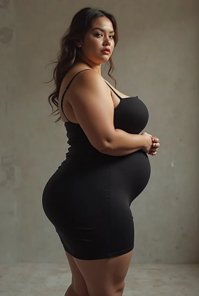 Chubby woman with chubby belly and tight thighs, full body, 14-year-old teen, thick hips, thick neck, thick chest, big eyes, wearing a longest dress, wavy medium short hair, Height 170 cm , full body , baby face , extremely cleavage 