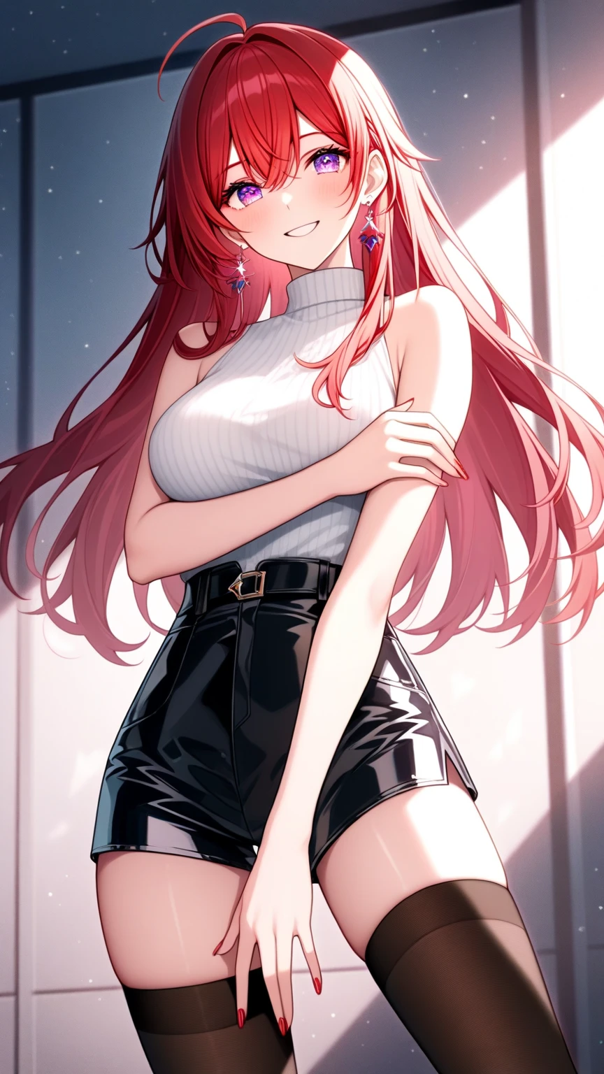 8k, masterpiece, bset quality, large, (1 girl), tifa lockhart, red eyes, red hair, long hair, professional lighting, (bright skin: 1.2), big and bright, ((best quality)), sharp focus : 1.2, highly detailed skin and face texture, detailed eyes, perfect face, perfect body, blur art, cg, background Big breasts, presence (20 years old, mature, fresh and beautiful face), worn (black skirt with suspenders), taut white shirt, thigh, white tank top, navel, clavicle, blush (mittgal), sitting, sitting on his bed, with his legs open, and shy face