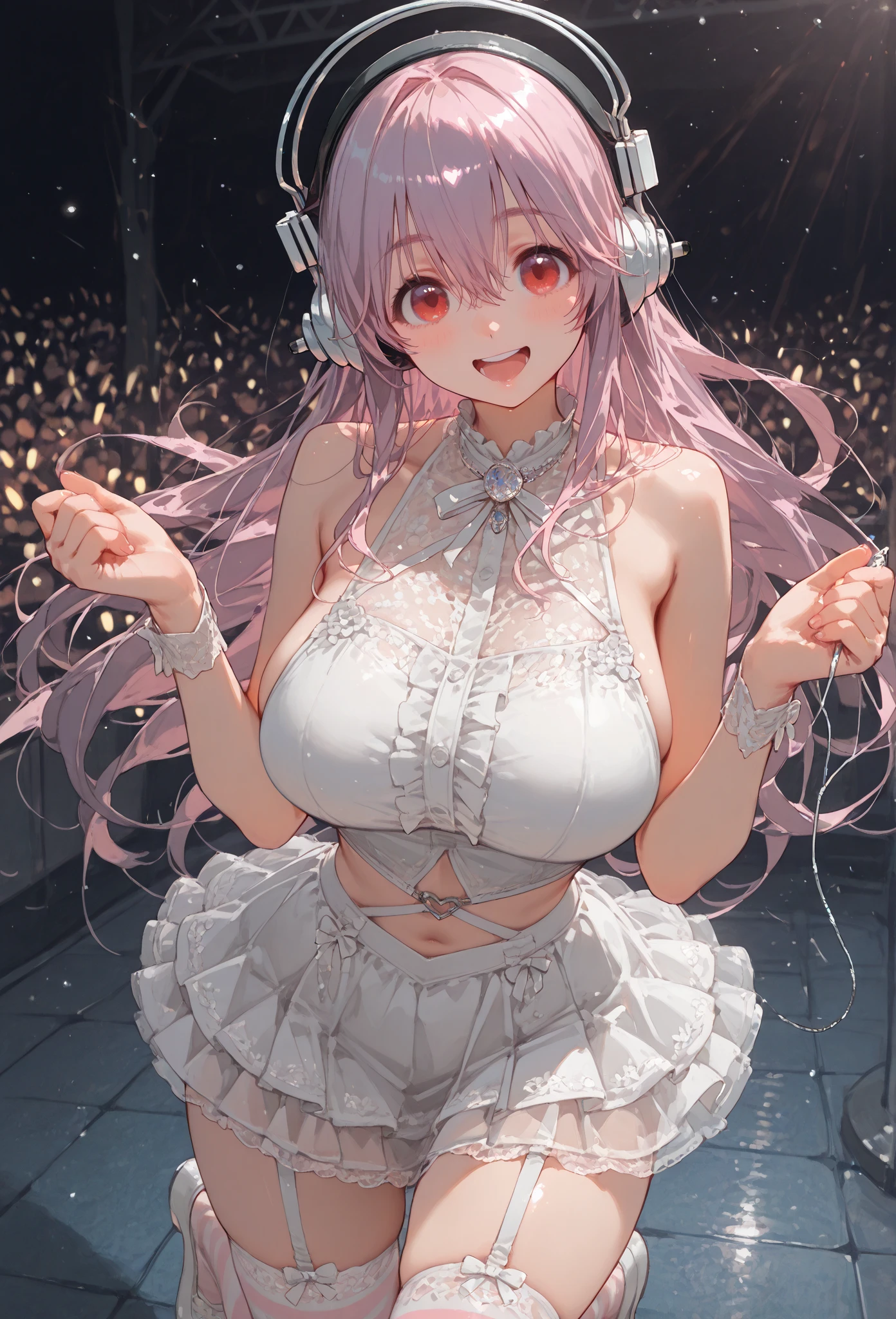 masterpiece、Soft Focus , Bright gradient watercolor、Tabletop, High resolution, 8k, Anime Women, Delicate and detailed writing 、Detailed digital illustration、high resolution, high quality、Detailed Background、Close-up photo、
long hair、Shiny Hair、Bright pink hair、bangs、Very beautiful woman、Idol、Double Eyes、(Large Breasts:1.4)、(see-through nipples:1.1), (see-through pussy:1.1),(pubic golden hair:1.3)、
(((Two arms、Four fingers, One thumb)))、Detailed female face、(Holding a microphone:1.3)、Singing on a microphone、(Idol Costumeini)、 short skirt、pink ribbon、pink rose hair accessory、pink and white outfit、
zettai ryouiki、(see-through nipples:1.2), (see-through pussy:1.4)、(large breasts:1.5)