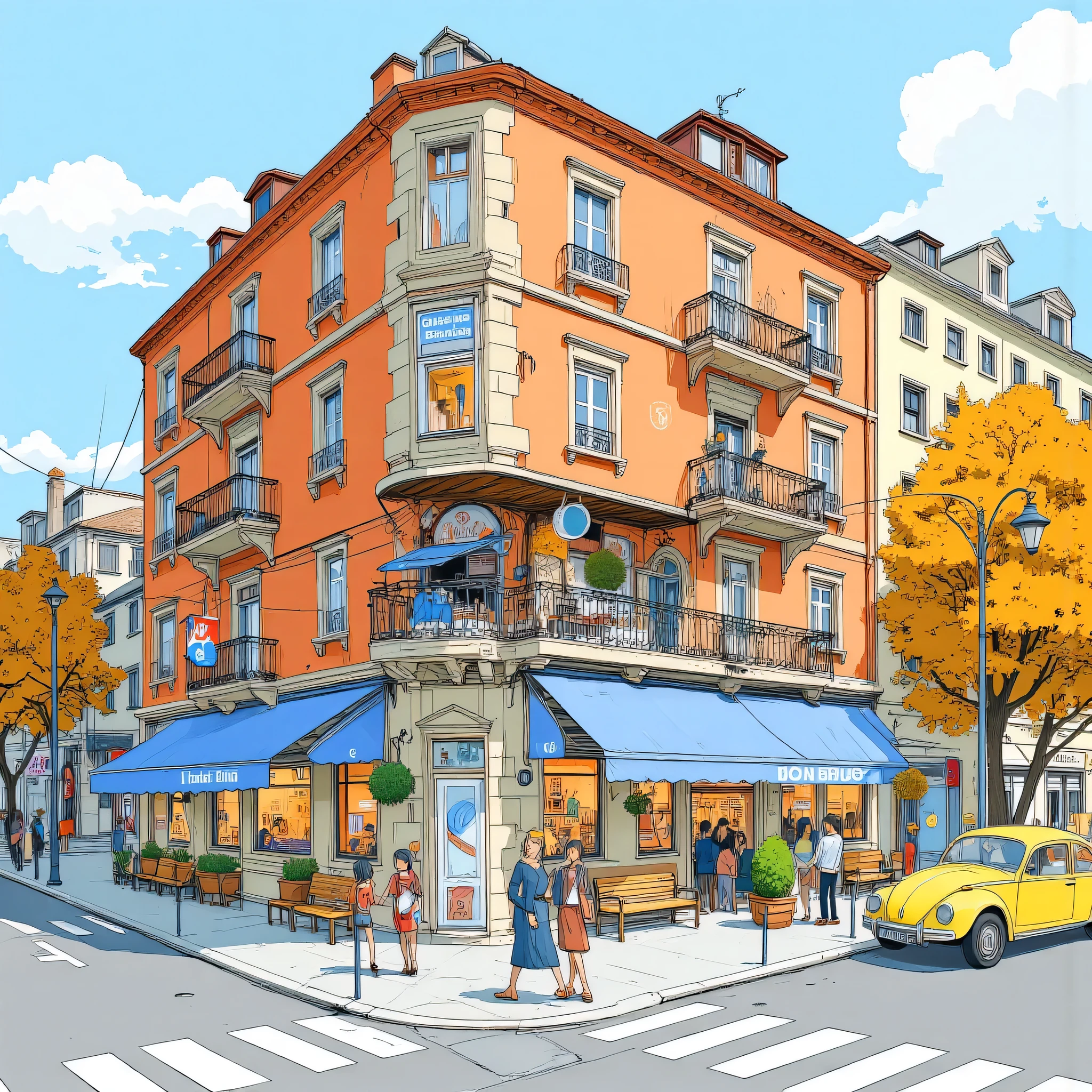 Ultra Detailed Paintings Inspired by Anime Characters ,cella di animazione, cella di animazioneの詳細,line art colorata, A vibrant hand-drawn illustration of a European-style city corner where a large historic building has a missing corner, forming a small urban square. The building has 4–5 floors, warm color plaster walls, and stone balconies. At the missing corner, instead of the building's volume, there is a cozy plaza with trees, benches, shop awnings, and people walking. Include two women talking together, and another woman holding hands with a young girl. The style is colorful, clean, and suitable for a children's picture book: soft outlines, slightly exaggerated shapes, warm lighting, and a cheerful mood. urban city Civilization, tetti a tegole rosse ,palazzi, alberi in autunno, Dan DeCarlo and Don Bruce Mix Art, tratto a matita incerto, arte cartone animato vivido,città, Full color illustrations , piccioni ,auto, view from above, Ultra Detailed and Fantastic Art ,