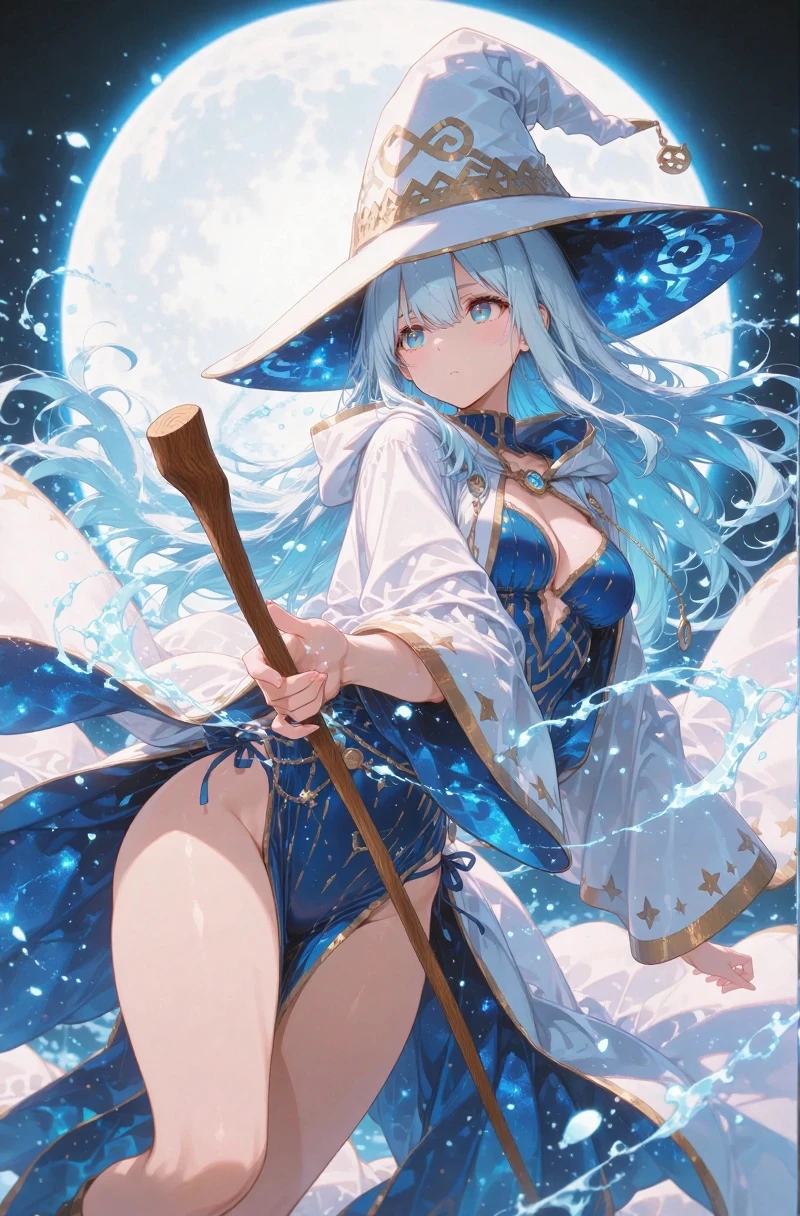 a cartoon of a woman dressed in a superhero costume holding a wand, witch academia, superhero sorceress witch, glamorous angewoman digimon, sky witch, by Aguri Uchida, maya ali as an ice mage, white tuxedo, leotard, solid white leotard with florescent blue accents, bare legs, white thigh-highs, winter boots, white witch hat, (white hair, long hair, ponytail), green eyes, beautiful detailed eyes, beautiful detailed face, cute face, slightly large breasts, smile, one eye closed, playful, flirty, age 16-18, solo, solo focus, wonder, full body portrait, cowboy shot