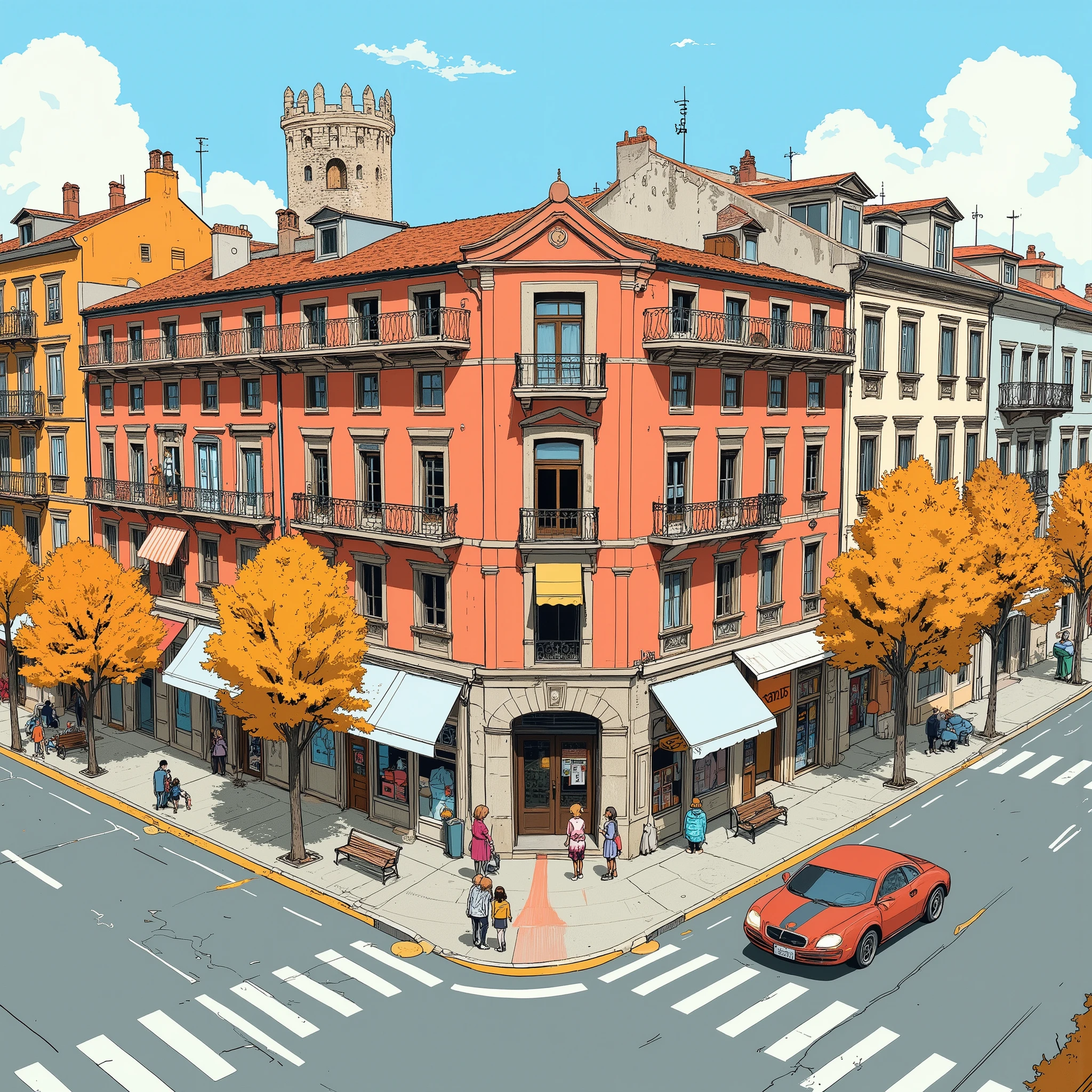 Ultra Detailed Paintings Inspired by Anime Characters ,cella di animazione, cella di animazioneの詳細,line art colorata, A vibrant hand-drawn illustration of a European-style city corner where a large historic building has a missing corner, forming a small urban square. The building has 4–5 floors, orange-red plaster walls, and stone balconies. At the missing corner, instead of the building's volume, there is a cozy plaza with trees, benches, shop awnings, and people walking. Include two women talking together, and another woman holding hands with a young girl. The style is colorful, clean, and suitable for a children's picture book: soft outlines, slightly exaggerated shapes, warm lighting, and a cheerful mood. urban city Civilization, tetti a tegole rosse ,palazzi, alberi in autunno, Dan DeCarlo and Don Bruce Mix Art, tratto a matita incerto, arte cartone animato vivido,città, Full color illustrations , piccioni ,auto, view from above, Ultra Detailed and Fantastic Art ,