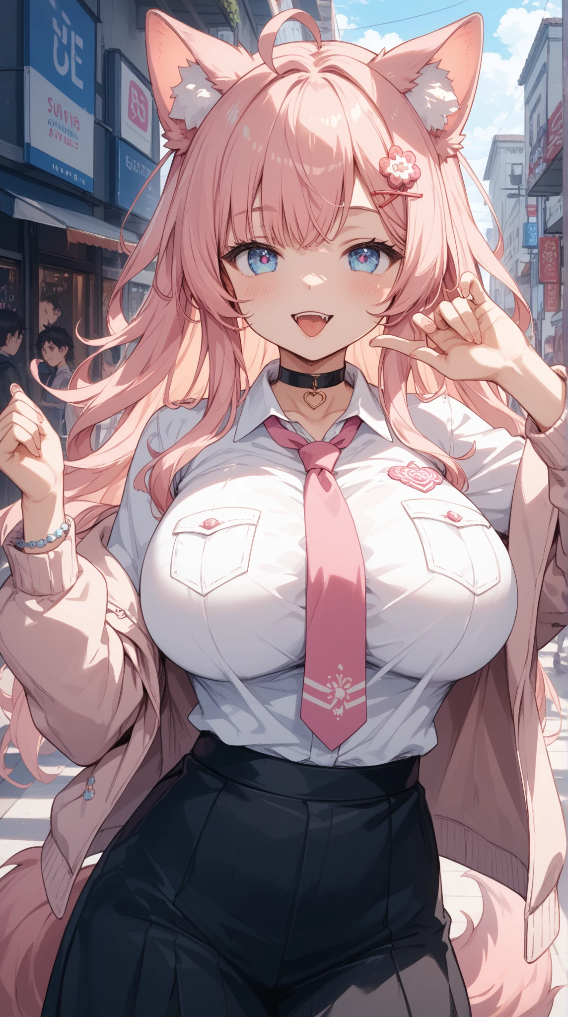 (highest quality, 4k, 8K, High resolution, masterpiece:1.2), Super detailed, suburbs, main road, night time, (1 person, , big breasts, blazer, open the front, white shirt, blue tie, pleated skirt, mini skirt, loose socks), (smile), glossy lips, soft lips, view audience, pink hair, long straight hair, cute, genuine, young beauty, close-up shot of face,