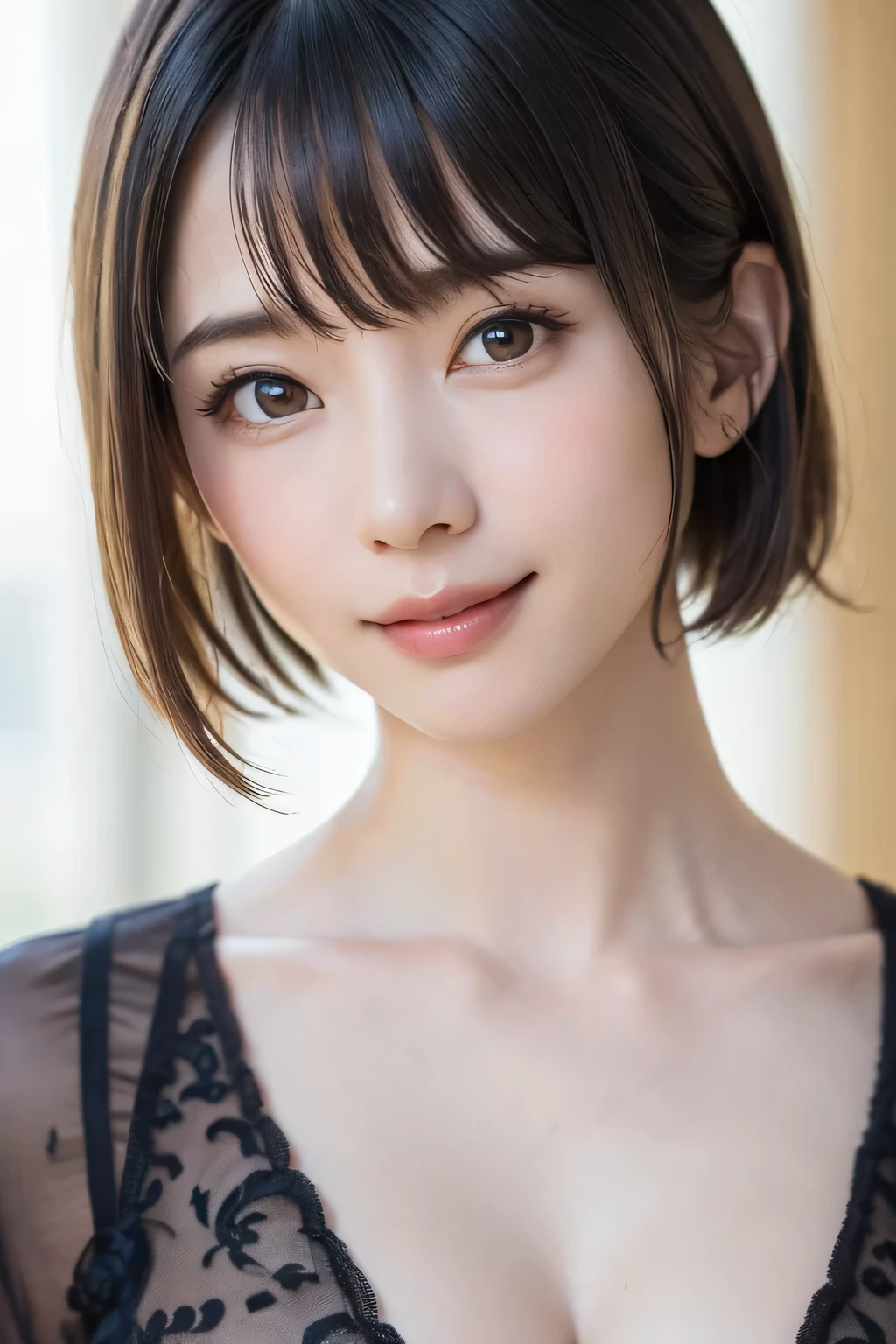 (table top, highest quality、ultra high resolution、face focus focus、focus on the sides、navel focus、decolletage focus、very attractive beauty、Adds intense highlights to the eyes、look closely at the camera:1.4、Absolutely beautiful bangs:1.4、Brunette short bob hair with bangs:1.4),1 girl, Report, black haired, realistic, looking at the viewer, pale black eyes, short hair, lips, lip gloss, Upper body、Big eyes、eyelash)、((italian natural background、hyper real stick:1.4))、((short hair with bangs:1.4、Beautiful bangs with 46 points:1.4、{Huge|big|Hugeな|mega} chest:2, cleavage:2、Big eyes、Give students very powerful highlights、very bigger chest、look at the audience、very beautiful beauty、show me your ears、beautiful long neck、beautiful decollete、smile、A smilee　beautiful teeth、Open your mouth and smilee))、28 years old、very cute super model、perfect anatomy