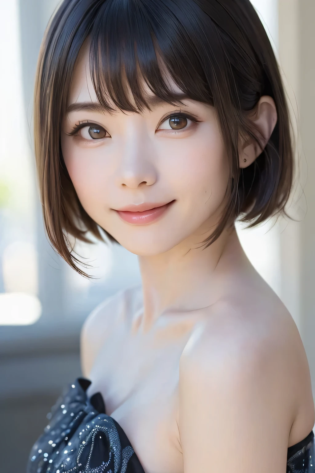 1 girl, alone, Beautiful Skin, very detaileded, ultra detaileded, Ultra-high resolution, (Photorealism:1.4), (highest quality), (Best Shadow), detailed, Perfect lighting, Black Hair, ((Showpiece, highest quality, High precision)), One Girl, (Realistic: 1.4), (look up at the camera even a little, カメラをlook up, look up, look up at the camera, Looking into the camera))), alone, White Background, snow-White Background, shut up., smile, pretty Black Hair, short hair:1.6, Big eyes, Beautiful double eyelids, eyelash, listen, Long neck, 美しいLong neck, Absolute area, ((Face close-up, short hair with bangs、Short Bob Hair:1.5、Off the shoulder)), 19 years old, Attractive proportions, Shiny skin, Beautiful clavicle, Golden ratio face, Perfect Face, Teardrop-shaped mole, Mole on chest, bangs, clean bangs, beautiful bangs, Lip gloss, Thin lips, White skin, I took off my clothes, Small face, Small face, 少し上を向いてLooking into the camera, ((smile a little for the camera, really nothing pure White Background, Listen carefully, big 胸、Dynamic Angle:1.5))