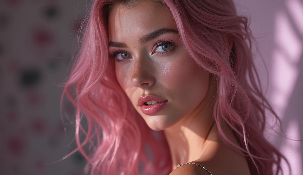 beautiful young girl with wavy purple hair, (((waist-high body view))), black necklace around the neck, ((light bright turquoise eyes)), Artgerm, Стэнли Artgerm Лау, a digital painting of an, digital art, (((without outerwear, mini bikini))), ((((I look at the viewer)))), ((pale red lips)), (pale skin), Heavy black makeup, black eyeliner and eye shadow, high volume hair, (cute face), photo realistic, masterpiece, 1 girl, Best quality, High quality 16K, Hyper-realistic lighting,