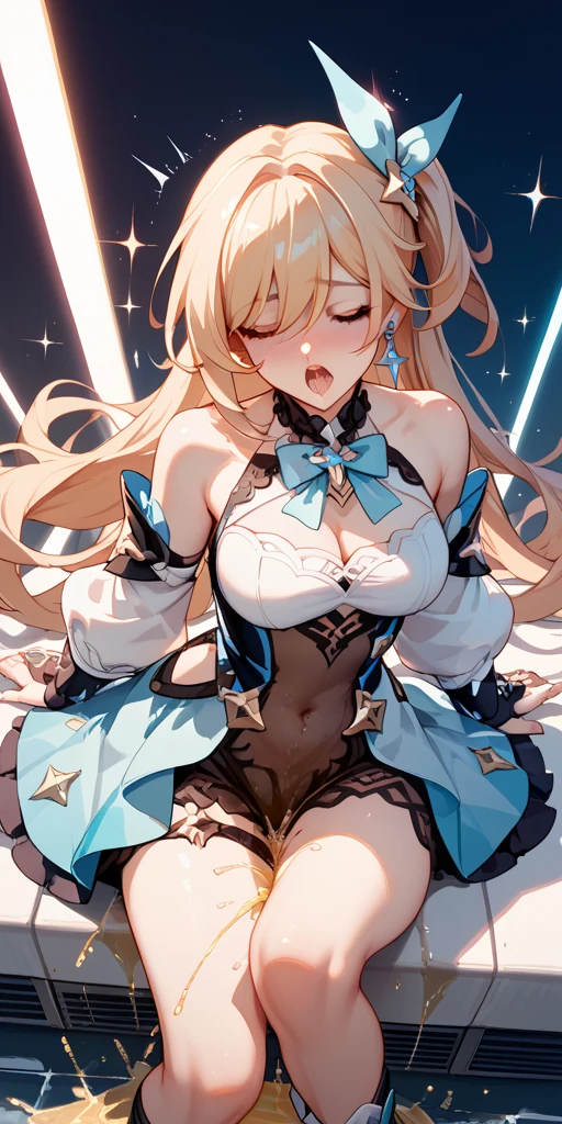 fischl(Genshin Impact),starryskybackground,Comic cover style,Premium comic titles,Expose abs,Slim figure,cropped shoulders,huge tit,White dress at the bottom,Mesh garment,Fleshy thighs,Below the waist are mesh stockings,Masterpiece,hyper-detailed face,Deep rendering