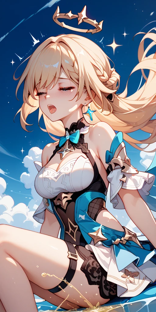 Best quality, tmasterpiece, Incredibly beautiful, very elaborate 8K wallpaper, otherworldly beautiful girl, , (White skin of the), (blonde hair pink gradient hair), Side pony, intermittently, Open your mouth and laugh, Long eyelashes, cosmetics, One eye open, (zoomout, bigger, BigREAK, 夏天, Beachy, (比基尼), Reflection in the water, (Floating water drops blur foreground), (blue-sky), lens flare glow, (water splash), rays of sunshine,