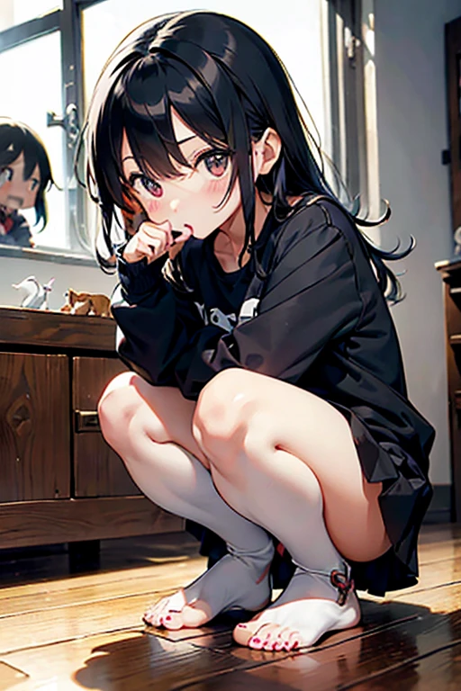 girl with, solo, gothic dress, Rut, Lusting、Kupaa、Perverted look、poneyTail、Thigh strap, Long sleeves, Black shirt、skirt rift、Pubic hair shows through、Beautiful  pubic hair ,more_Details:1.5, More and more_Details:1.9、 Squatting, Looking Down from Below