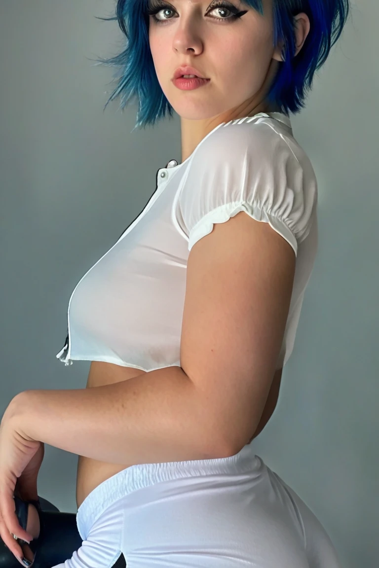 close up of a woman with blue hair and pink shorts, thicc, bubblegum body, blue haired beautiful girl, white short hair woman, half body close up photo, amouranth, better known as amouranth, white tight t-shirt, trending on cgstation , belle delphine, made of cotton candy, trending on cgstation.