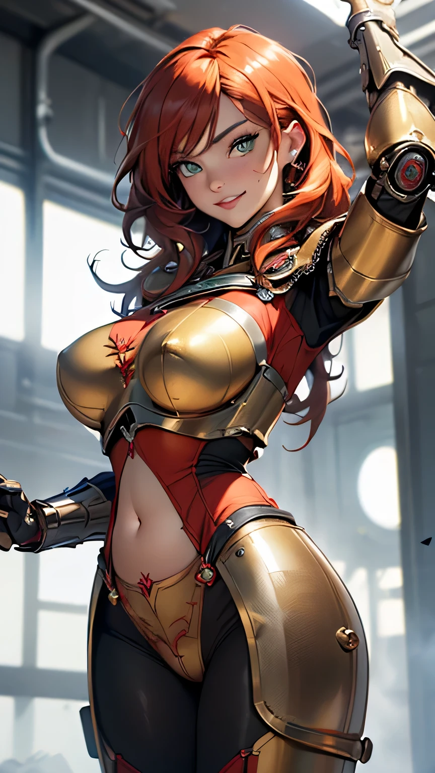 a Japanese girl, with short red curly hair, scabs on her face, nsfw, laughing, doing an erotic pose with her hands on her breasts, perfect body, big chest, detailed curves, 8k, best quality, film lighting, detailed background, angle from above
