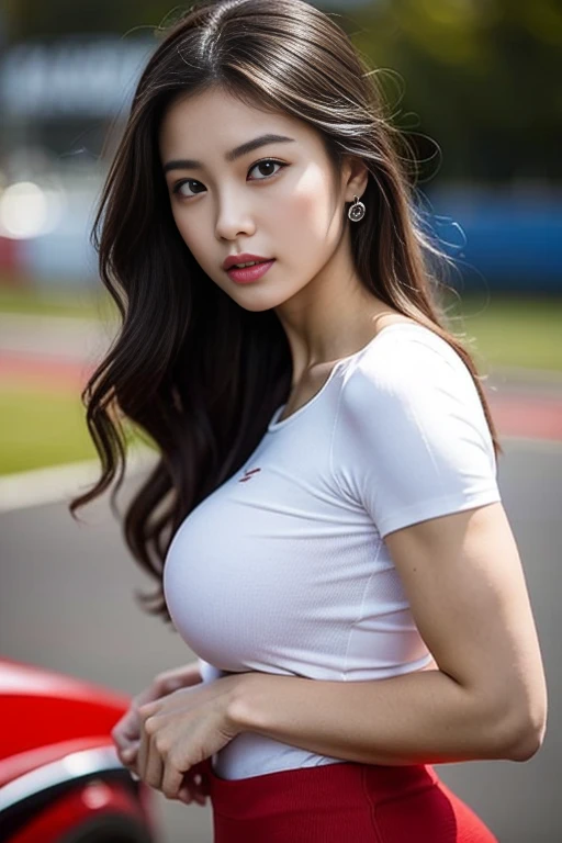 1girl in cut-out crop top sleeveless ,no bra, short jean, beautiful midriff, low skinny waist and thick hips, attractive body, dynamic pose ,beautiful belly breast ,huge breasts, low key light, light bokeh roadside-city background