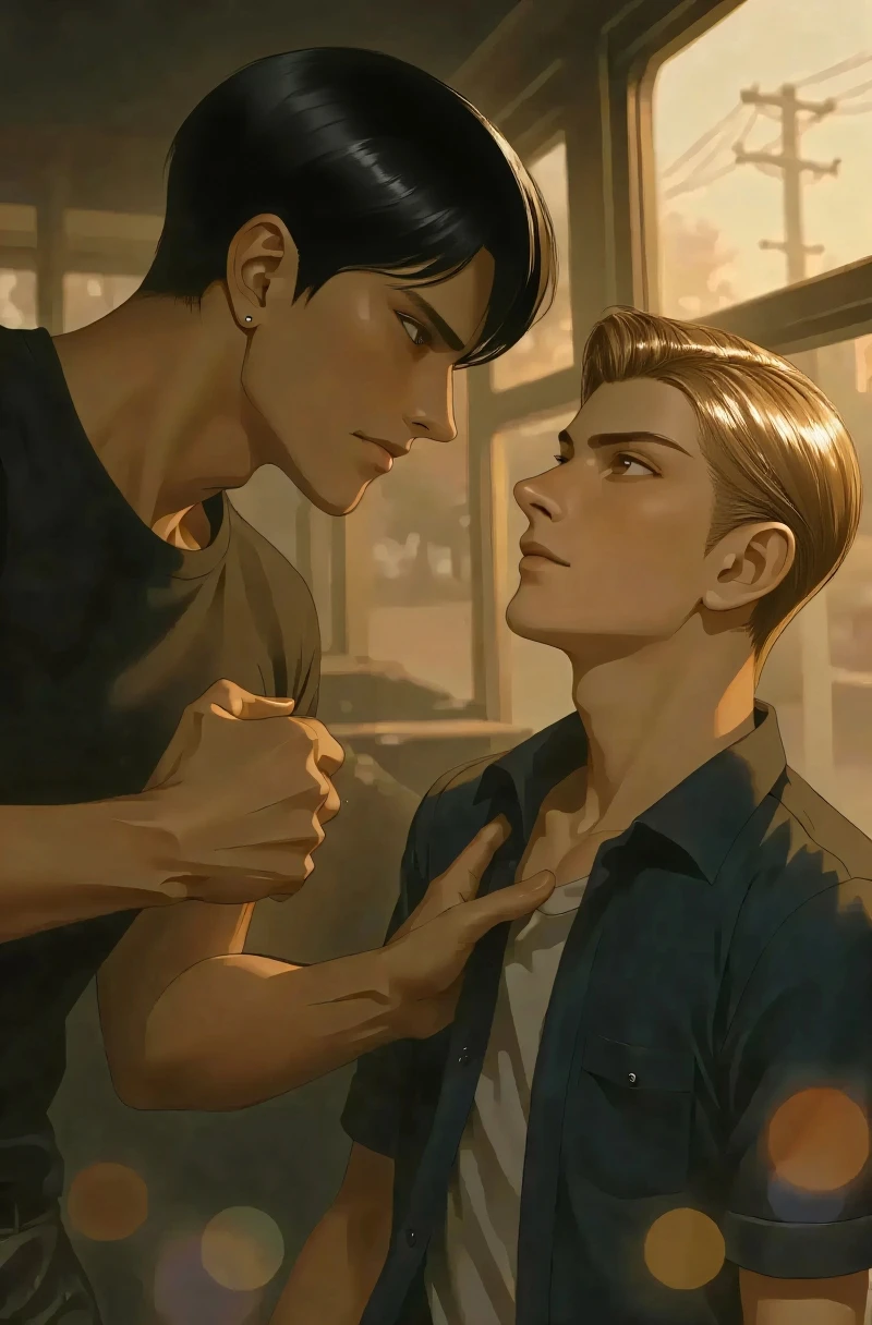 Two men,One is tall、Man in white hair and white shirt,He was followed by a man wearing a black T-shirt with black hair。, from side, 8k, super detail, ccurate, best quality