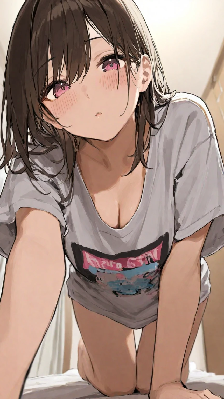 (masterpiece, highest quality), Bedroom, 1 girl, , , ,anatomically correct body, small breasts, (sweater), (((shorts with zipper removed))), (open fly), (low rise panties), in a colorful Bedroom, lying on the bed, From above, morning, bright sunshine, white, bright colors, watercolor、smile