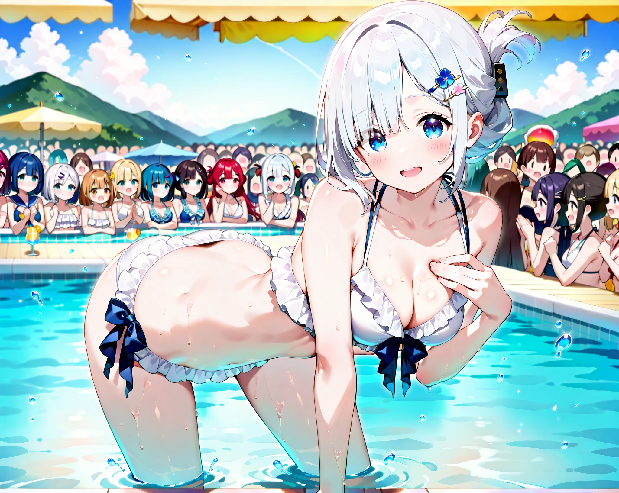highest quality、High resolution、Detailed Background、(Beautiful face in every detail:1.4)、Anatomically correct、(Hide your fingers:1.3)、(Detailed facial expressions)、(Detailed eyes:1.2)、(Detailed eyes:1.2)、Teenage beauty、(Highly detailed face:1.4)、cute hair color、Bobcut、ponytail、Braided long hair、Wavy Hairstyle、well-groomed eyebrows、Water play spot、Water play slide、Water play event、A neat and cute atmosphere、My whole body gets wet、The swimsuit is shining when wet、Accentuate your cleavage、Laughing playfully、A big smile、Smiling、laughing、smile、
(Three beautiful girls having fun:1.5)、
Ruffled top and high-waisted bikini bottoms、Opt for patterned or brightly colored bikinis、
Pair a strapless bikini top with a wrap skirt、Choose skirts made of patterned or sheer materials、One-piece swimsuit with ruffle and lace details、Bikini with cutout design、Choose intricate designs and different color combinations to create a unique look.、Choose something with a colorful pattern or pop design and pair it with high-waisted bottoms.、cute