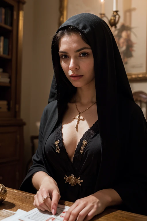 woman nun in black robe, Beautiful italian woman prays, a , a beautiful, pushing , photo of a beautiful, Young  woman, beautifully soft lighting, The Goddess, woman, detailed eyes and face, beautiful detailed eyes, choker around the neck, beautiful detailed lips, extremely detailed eyes and face,  young woman, Gray background, gorgeous soft lighting