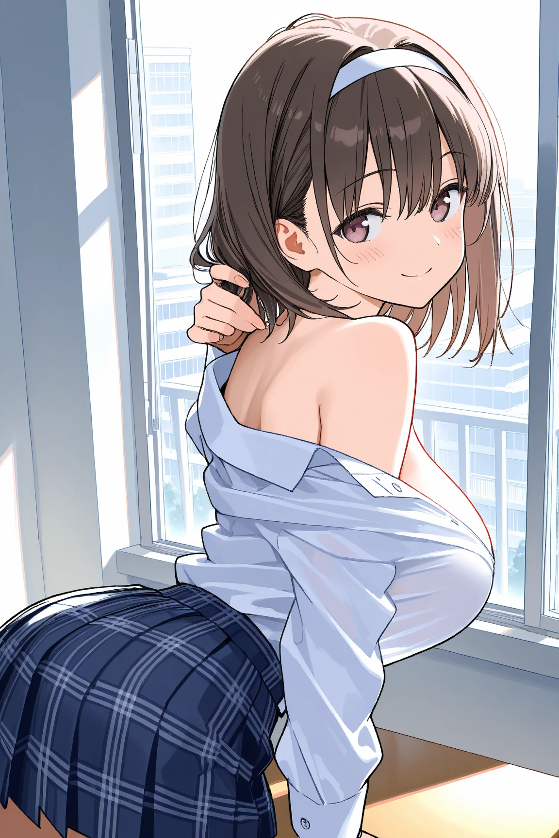 ((table top, highest quality, High resolution, perfect pixel, 4K))), 1 girl, single, alone, beautiful woman、I could see the whole body、 ((middle wavy hair, bangs, brown hair)), ((brown eyes, beautiful eyelashes, realistic eyes)), ((detailed face, blush:1.2)), ((smooth texture:0.75, realistic texture:0.65, realistic:1.1, Anime CG style)), medium breasts, dynamic angle, perfect body, ((topless, nipple, black skirt, plaid skirt)), City staircase、Angle looking up from the bottom of the stairs、Very embarrassing panic smile, looked back、leaning forward、(The wind flipped my skirt and exposed my butt.、Touching the buttocks with both hands、Light pink floral lace panties)、