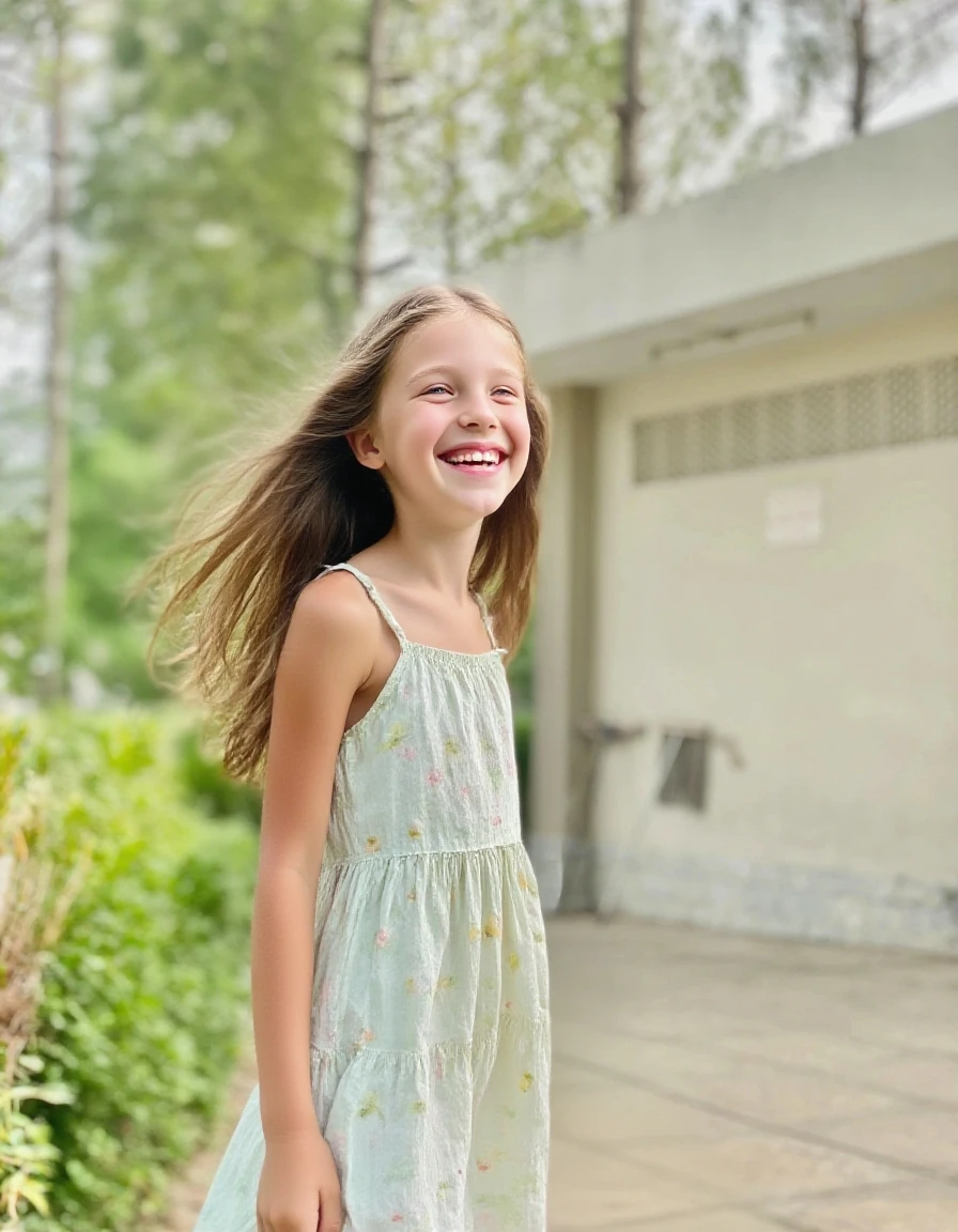 (best quality,highres),portrait,blonde child,slim body,blue eyes,open legs,soft lighting,vivid colors,grass background,barefoot,curly hair,innocent expression,dainty fingers,wearing a white dress,sunlight streaming through the trees,playful atmosphere,joyful laughter,delicate features,joyful childhood,gentle breeze,whispering leaves