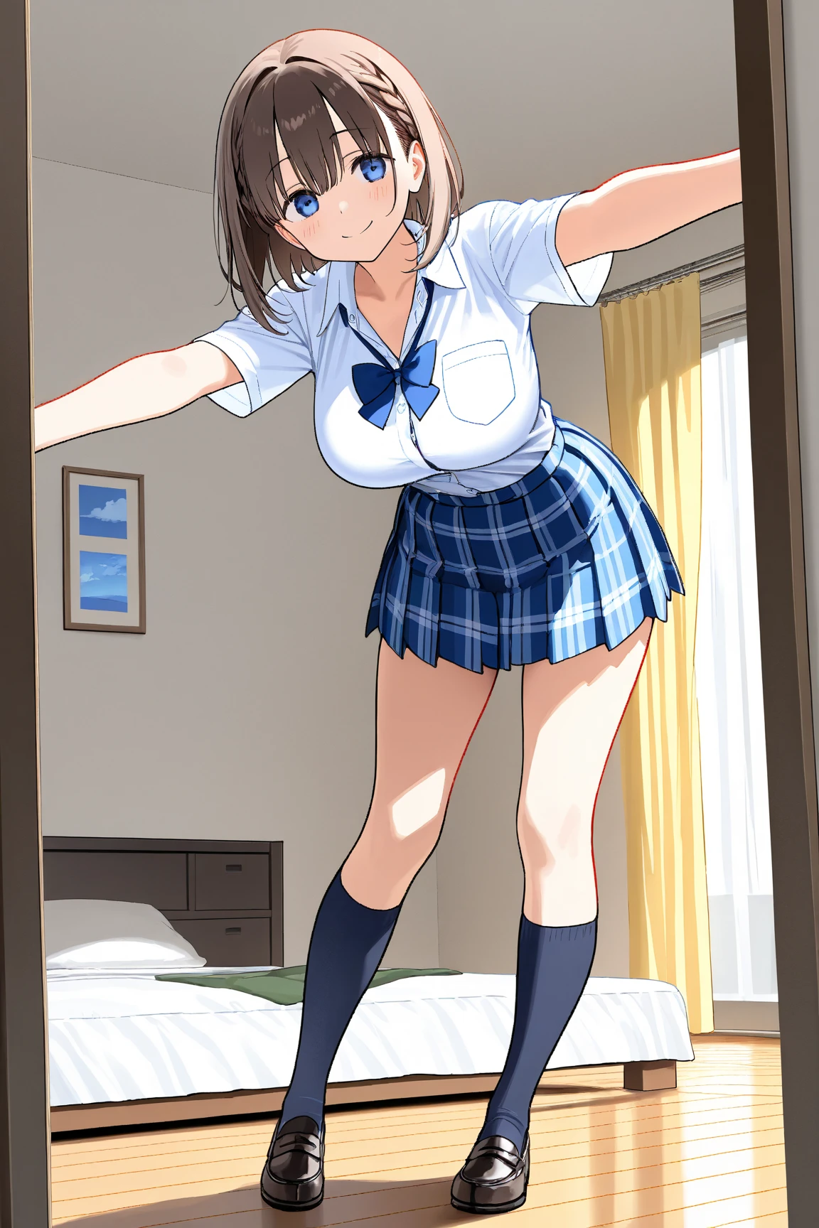 Brown Hair、(Degree of brown eyes:1.5)、One side up、ヘアribbon、ribbon、length、Throw off your blazer、Blue Skirt、Pleated skirt、、Summer clothes、break (masterpiece:1.2)、highest quality、High resolution、unity 8k wallpaper、(Consciousness upward:0.8)、(Beautiful and detailed:1.6)、Highly detailed face、Perfect lighting、Highly detailed CG、 (Perfect hands、Perfect Anatomy)、Look at the viewers、blush、Laughter、take a selfie in front of the mirror、Stand in front of a mirror、Pull up your skirt with your hands、 (Mr..々Patterned panties:1.3)、(Roll-up skirt:1.3)、(Full-fledged panties:1.5),(Show me your ass:1.3)