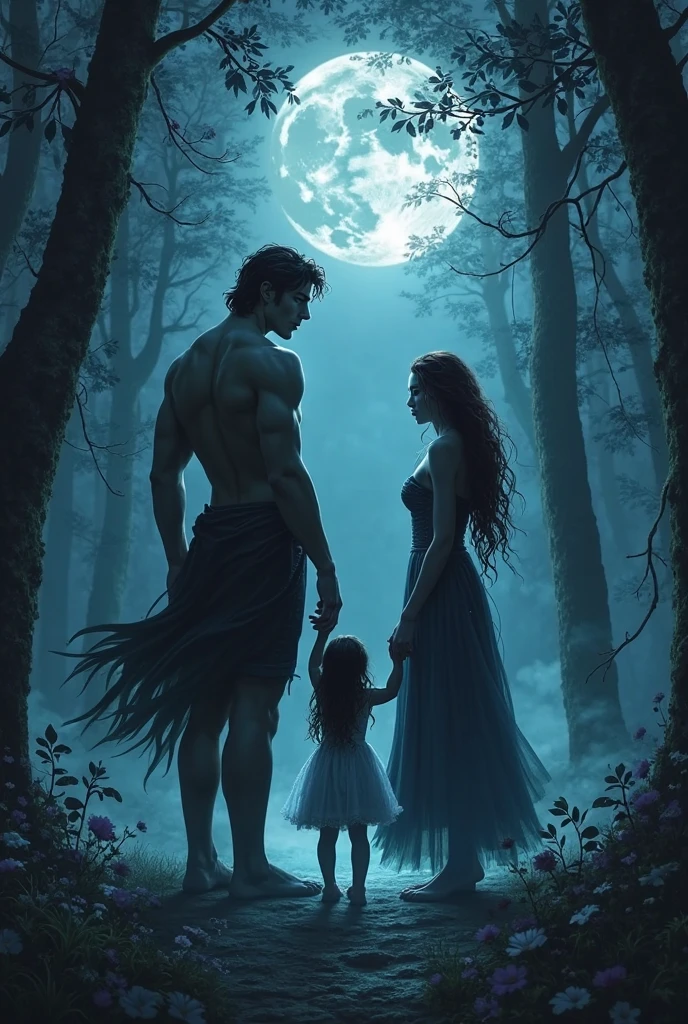 An extremely handsome alpha man of tall stature, tanned skin, defined body, green eyes, short wavy black hair with his son with strawberry blonde hair, short shorts, chubby body, cute, looking at his father in the forest at night, they have very little body hair, they are turning into a wolf and a woman of short stature, strawberry blonde hair, amber eyes, wearing a white dress and with a large black hair, amber eyes, wearing a flowery dress looking
