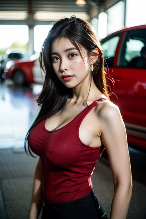 1 lady, wearing a red shirt, long sleeve, tight shirt, sitting in passenger seat, car seat belt on, (huge breast 1.6), cleavage, half body shot, cowboy shot, water spill on clothes, soaking wet clothes