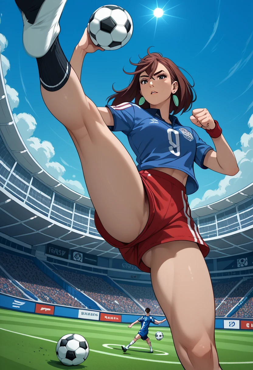 ((best quality)), ((masterpiece)), (detailed), young woman during soccer match, tackle, visible panties