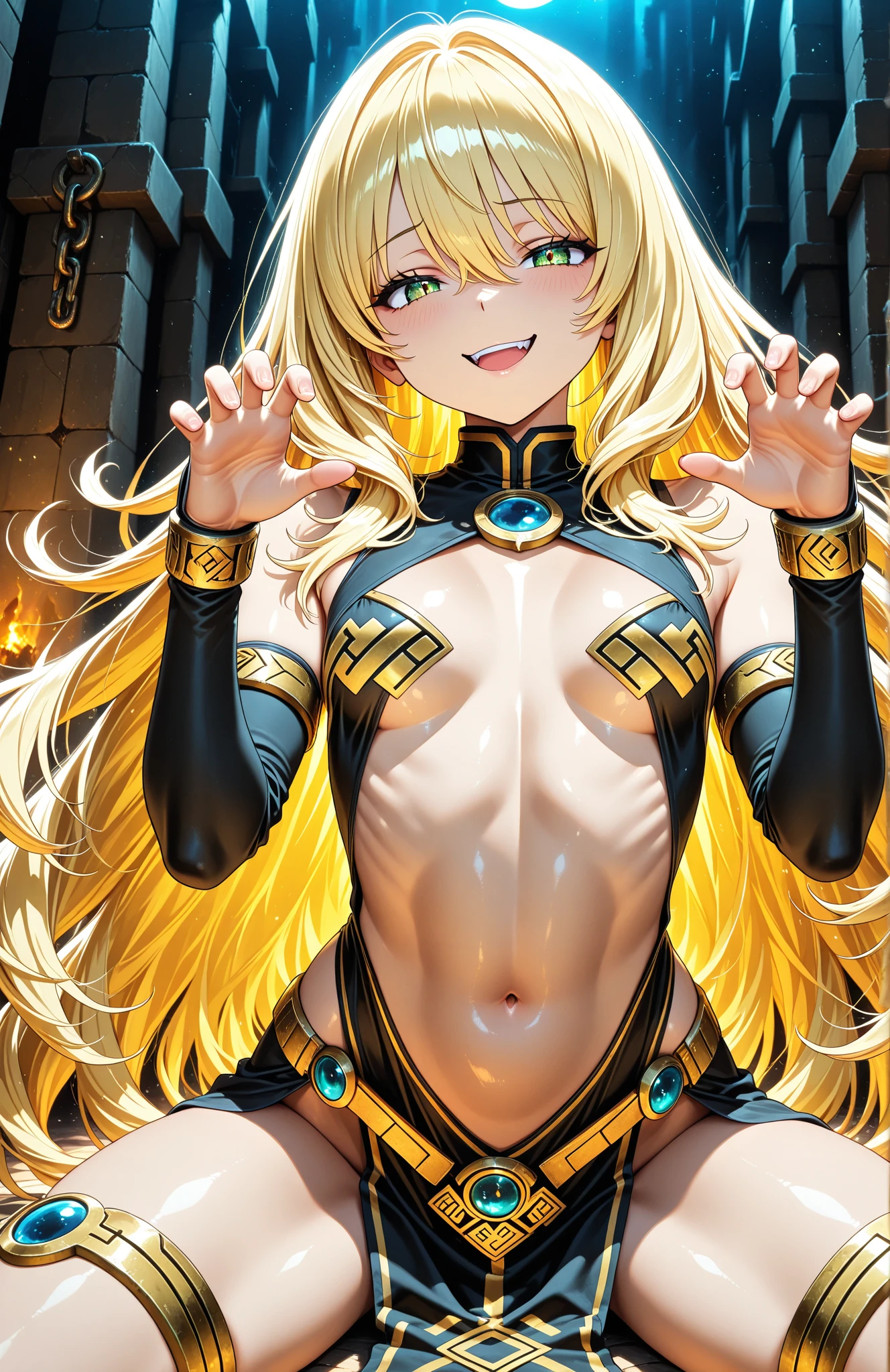 (high quality, High resolution, small details), realistic, yellow long hair mysterious yellow bodysuit big breasts、nipples visible chest wide open alone, curvaceous woman, sparkling eyes, (fine eyes), smile, blush, shallow depth of field (((love juice))) The crotch area is exposed、exposed chest mysterious background