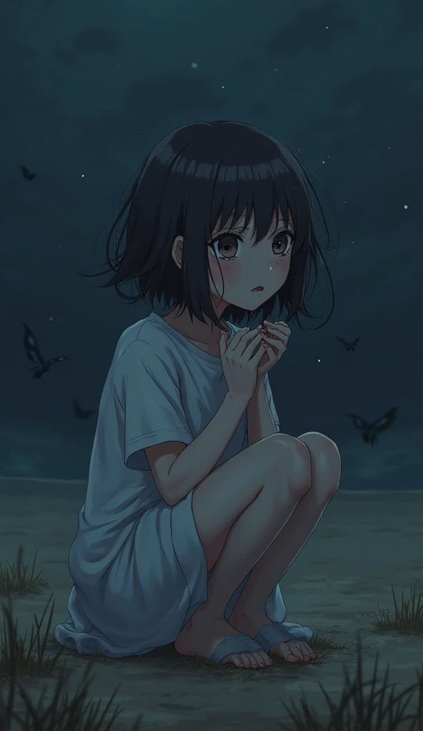 Young woman, Black long hair, Blue eyes, crying a lot, screams in pain, anime art, masterpiece