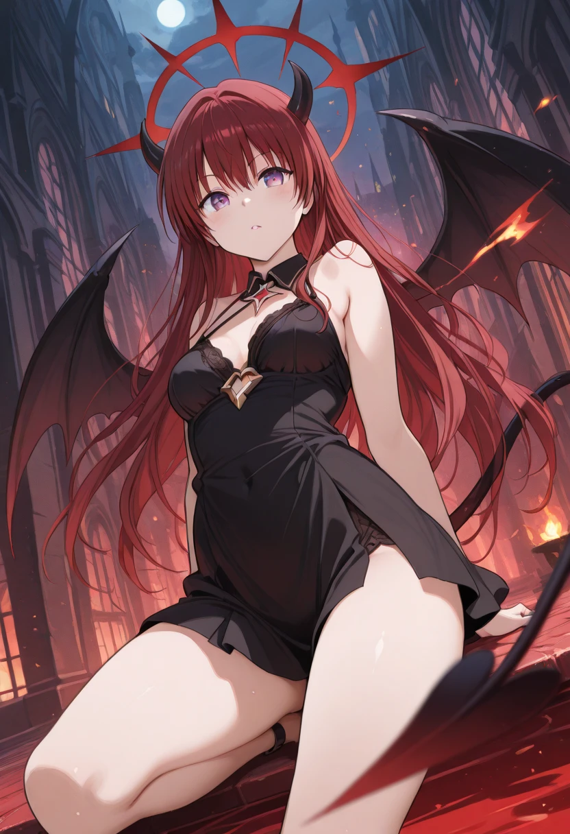 ((highest quality)), ((masterpiece)), (be familiar with), perfect face、The Enchanting Body of Celica（FE）、Red hair、best proportions、semi-long、necklace、bangle、Caster wheel、circlet、luxury accessories、first round、naked、Fallen into evil、Soul-draining、blank look、Engagement Rings、empty eyes、Ritual of Summoning Demons、dark room、Red magic circle on the floor、Lots of candlesticks and candles、sacrifice、darkness、black sheets、悪魔のaltar、悪魔へのsacrifice、naked、Suspicious rituals、Skull Object、Big magic circle on the floor、Skull Candlestick、luxury jewelry、altar、Be baptized by the devil、Skeleton Crown、Large black decorated gemstone pendant、empty eyes、Give your soul to the devil、Make a deal with the devil、naked、black see-through、Racy Leotard Dress、Demon Priest、The devil's long curled horns grow.、Two large, black demonic wings grow from his back.、A long devil's tail grows from his butt、black lipstick、Clothing and jewelry、Reptilian-like eyes