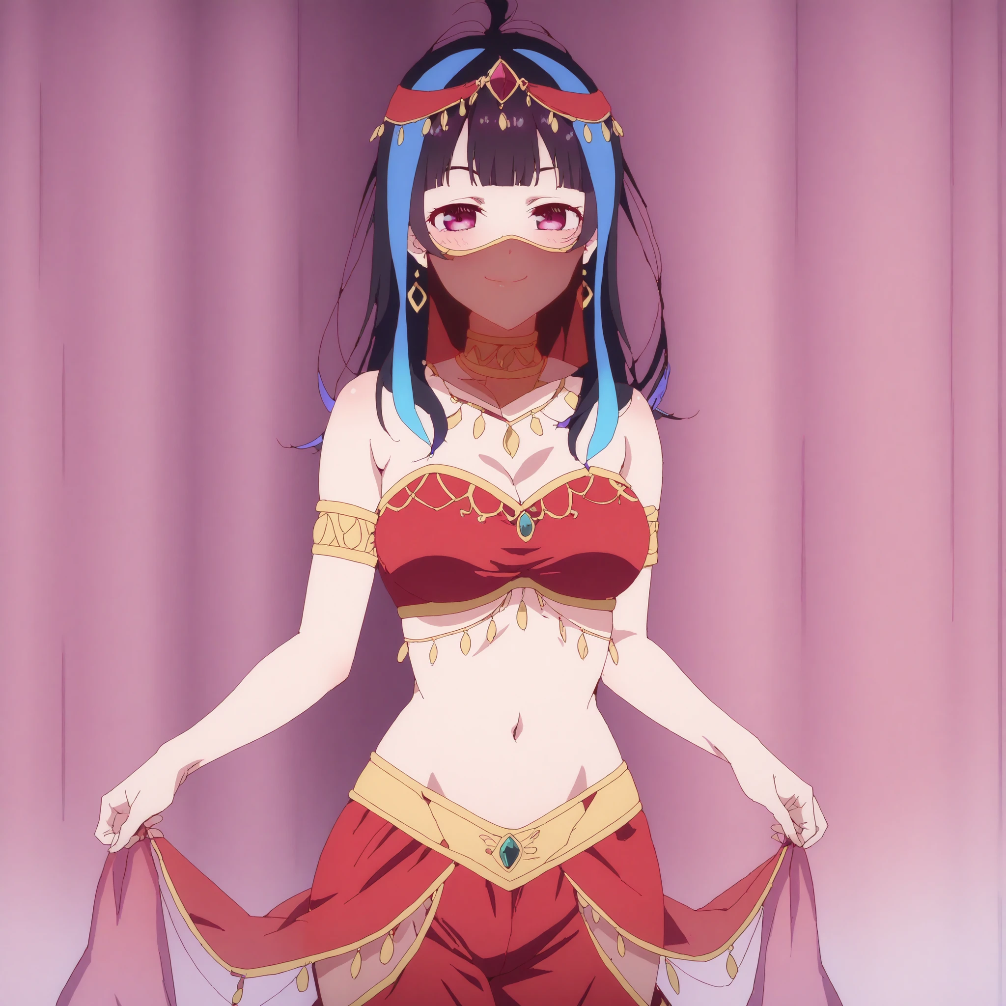 1girl:1 . 5) , (Seul:1 . 5) , score_9 , score_8_haut , score_7_haut , source_anime , Official work , ultra-detailed , masterpiece , best quality , high res , beaux yeux , detailed eyes , Detailed Face , beautiful detailed eyes ,Rent- A Girlfriend, Yaemori Mini, Arabian Dancer ,belly dancer costume , face veil , veil , golden jewlery, harem skirt, harem pants, belly dancing, harem veil ,dancing with veil, arabian garden , seductive smile, dynamic movement, sexy pose