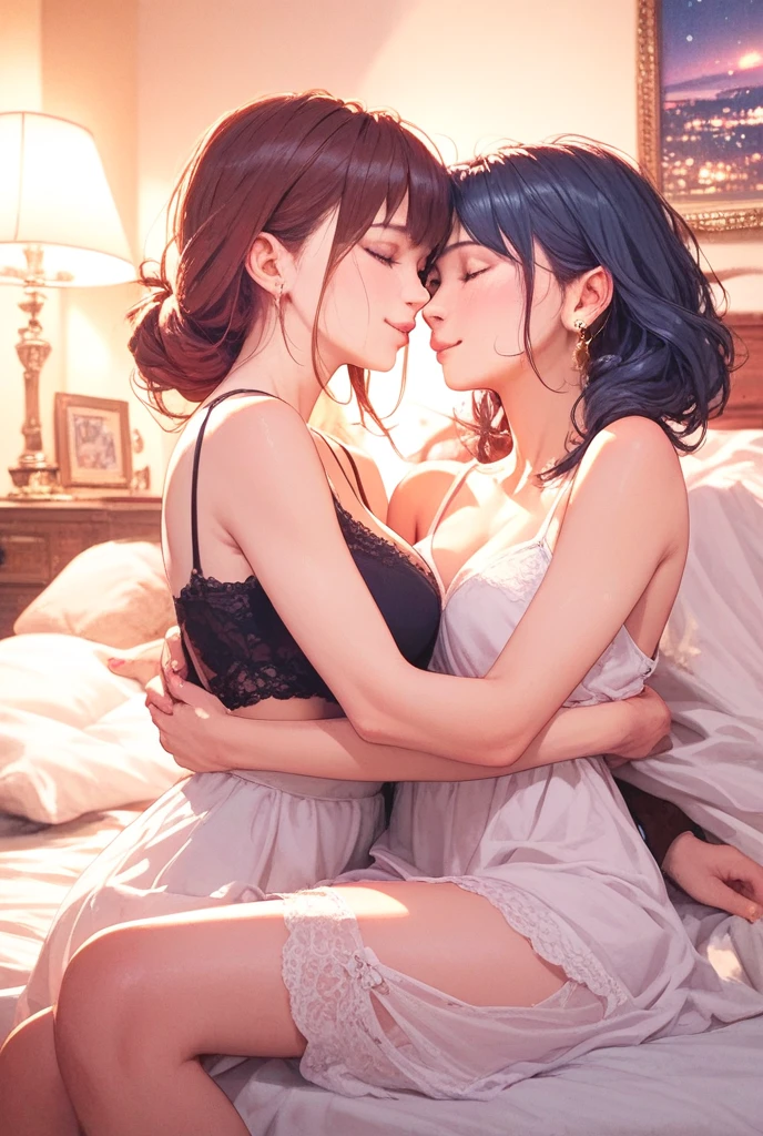 Female lover kissing, 2 girls, naked shirt female in bed, (SFW) Work, kissing together cutely, Girl Love Art, OPPEIN, Slightly saggy big breasts, small breasts, (((Extra long yellow curly hair))), (((Brown shoulder-length straight hair))), (girl love hug), (girl love kiss), The mouth is very detailed, detail face, (/touch her clothes, /touch her breasts), safe for work version, Octane Render
