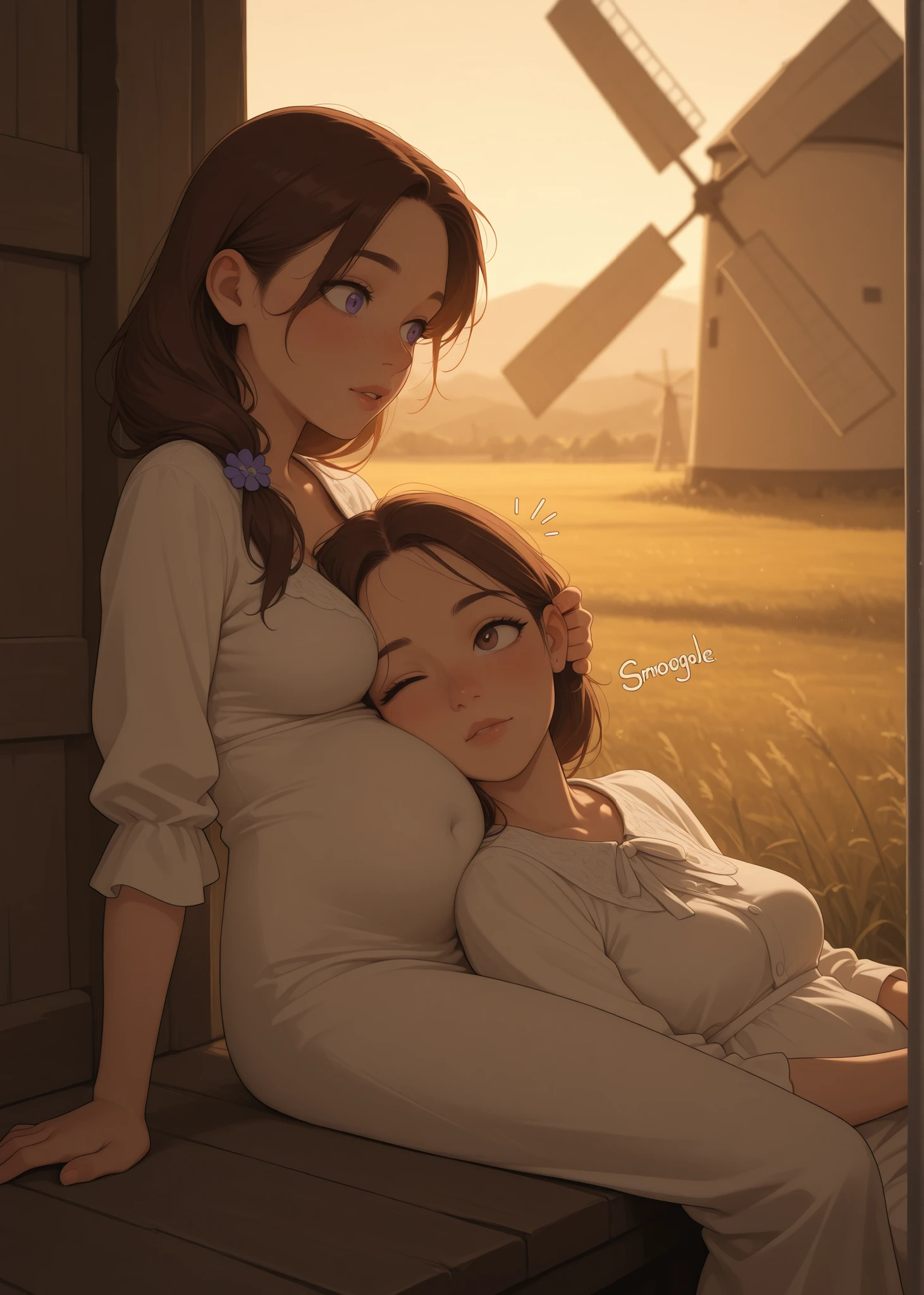 countryside meadow, windmill, Scandinavian woman, flowery Scandinavian blouse, skirt, hair extension,
fully dressed, covered navel, belly concealed by clothes,
visible forehead, freckles, moles, detailed eyes, detailed lips,
slim body, slim waist, slim belly, skinny, athletic, slight muscles, medium breasts,
underlighting, dim, light, flat colors,
profile, sideview, from the side,
2 adult females, different hair colors, different haircuts, different clothes, sitting, lying, head on lap, lap pillow,
resting her head on top of her sister's belly, a woman pressing her ear into her sister's belly, side of the head pressing against her sister's belly, listening to her sister's belly, leaning against belly, head next to belly, head resting on belly, ear pressed to belly, head pressed above navel, smooshed cheek, the one listening to the belly has both eyes visible, face turned outward toward viewer, facing viewer, pupils leering toward belly, curious expression, surprised expression, one eyebrow raised, one eye shut in focus, tall sister smiles and licks her lips,
digestion SFX, "gurgle" and "slosh" and "glorp" sound effects from her stomach,