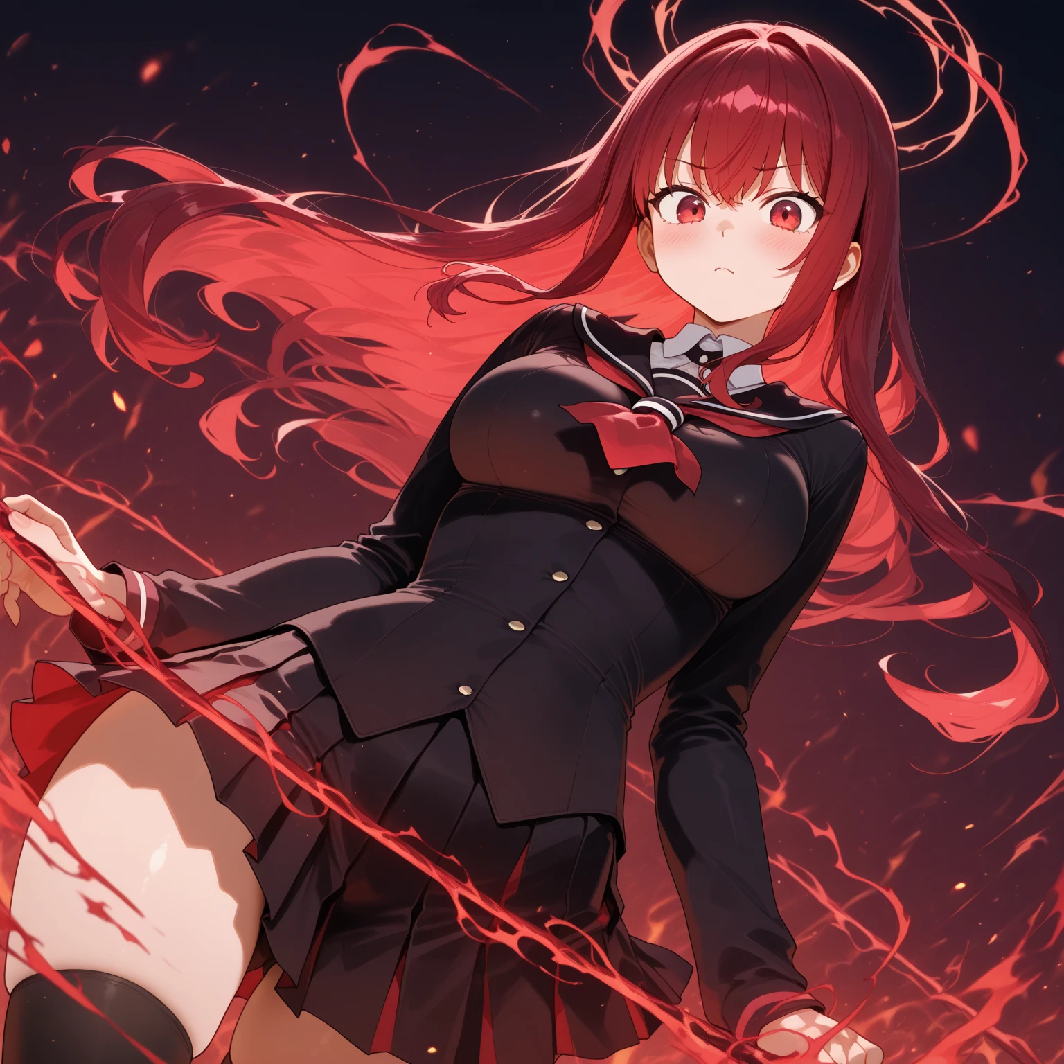underdressing，Expression of disgust，Expression of disgust，Red Eyes，Sweat，Soaked，liquid，transparent，Cropped tops，succubus，pink，stocking，Glasses，Black pantyhose，Short skirt