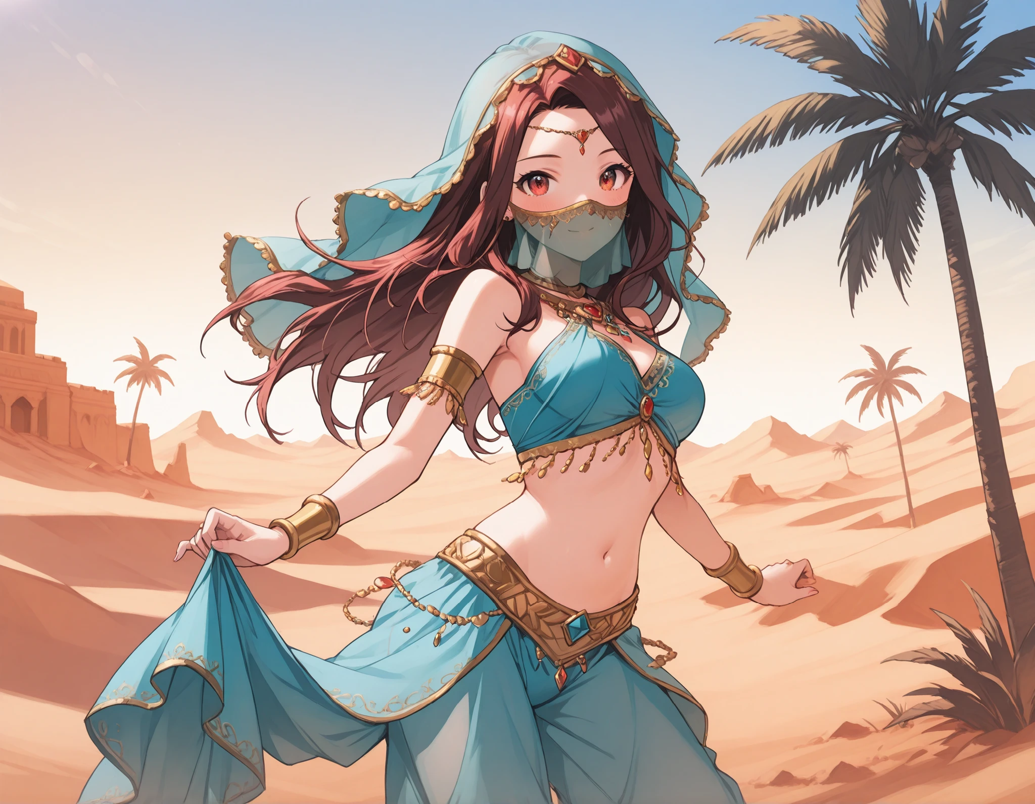 (1girl:1 . 5) , (Seul:1 . 5) , score_9 , score_8_haut , score_7_haut , source_anime , Official work , ultra-detailed , masterpiece , best quality , high res , beaux yeux , detailed eyes , Detailed Face , beautiful detailed eyes , Idolm@ster, Chizuru Nikaido , Arabian Dancer ,belly dancer attire , mouth veil, veil,golden jewlery, harem skirt, harem pants, belly dancing, harem veil ,dancing with veil, desert , oasis , palm tree