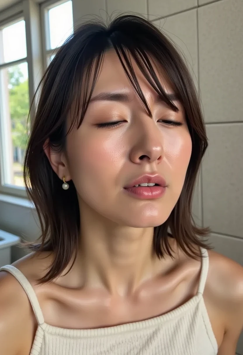(Realistic:1.3、Ultra HD、Ultra-high resolution、8K、Female Japanese Housewife、寝室でBlowjobチオをするMature Woman:1.5、At the bed)、((Look Viewer:1.8))、(Extremely realistic skin texture:1.4)、(Realistic:1.3)、short hair、((Embarrassed expression:1.5))、(blonde:1.5)、48-year-old woman、Mature Woman、Ponytail Hairstyles、(Brown eyes:1.3)、(Face close-up:1.38)、(Sweaty:1.2)、(Nipplesを見せる)、((衣服から突き出たNipples,))、dress、美しいNipples、Nipples、(Shooting from the side:1.1)、Drooling、((Blowjobチオ:1.6、Blowjob、Cum in mouth、Bukkake))
