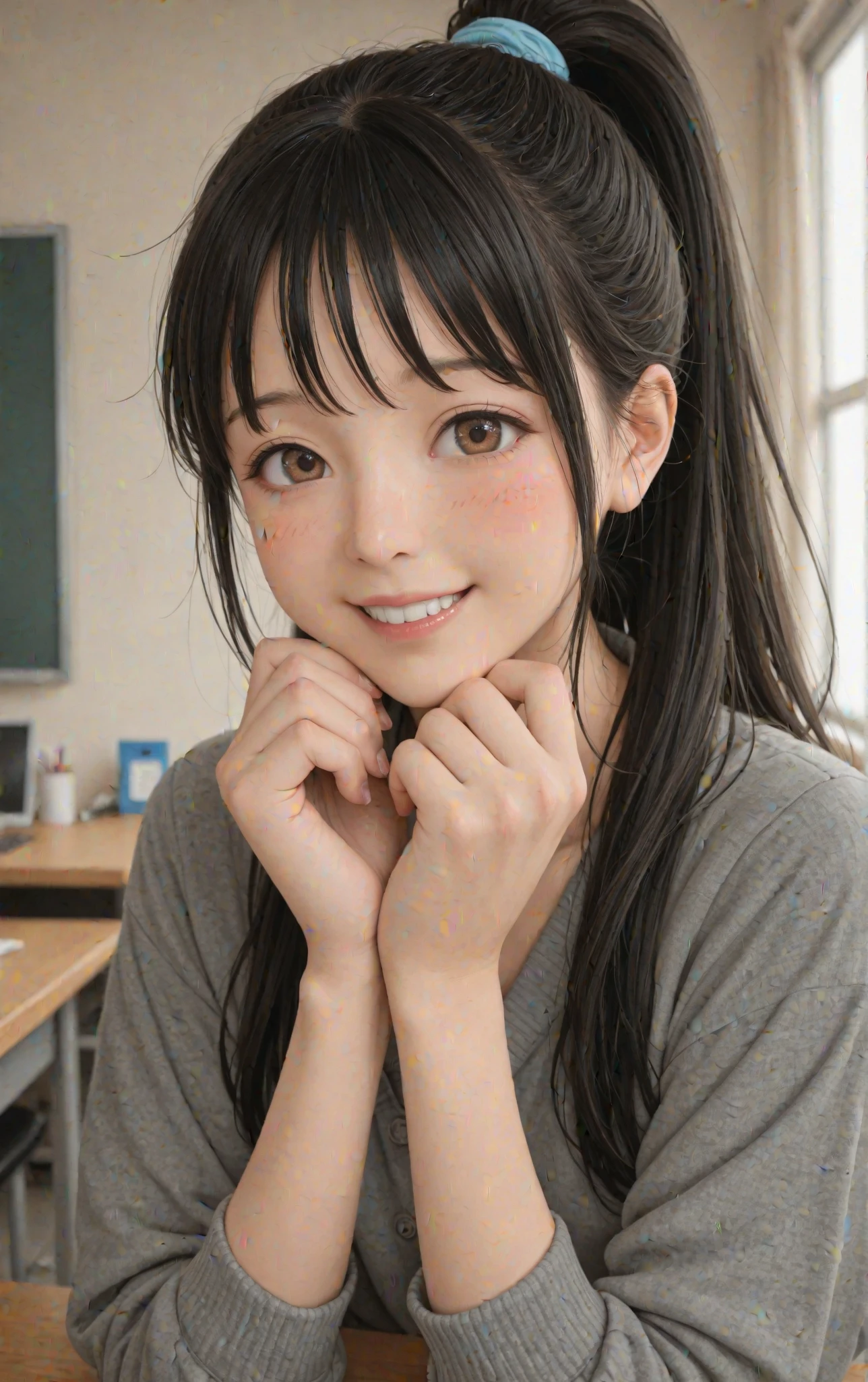 Japanese female, (underweight), (flat chest best quality:1.5), a lot of details, detailed black hair, beautiful detailed hair, super fucking beautiful, delicate beautiful face, complex details beautiful and delicate eyes, perfect hands, perfect and delicate limbs, detailed skin, best quality, ultra-detailed,(cheerful grin:1.5),
field of flowers, sitting, hair bun, (red shorts), (white t-shirt), (blue underwear), Japanese, with a chair, with a table, cowboy shot, (from above:1.2)