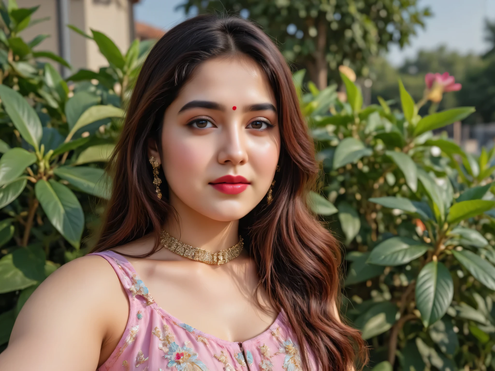 A North Indian-European Curvy MILF Bhabhi aged 38. She has the delicate, beautiful Square facial structure of an Indian Women with the pale white fair skin tone. Long shiny wavy hair. A Long round point, symmetrical nose, placed perfectly at the center of her erotic face. Heavy Eye makeup with Dark Eyeshade. She has large upturned double lid large eyes, with mesmerizing Strong Grey irises, accentuated with signature dark thick winged eyeliner, dark eye mascara, long eyelashes and dark circles near her eyes for a uniquely memorable charm. Black Bindi between her eyebrows, adding traditional allure. Her lips are thick plump, with a fuller lips bow shaped, always coated in a Liquid Glossy Cherry lipstick, making her canine smile striking and attention-grabbing. She has a sharp jawline, a softly receding butt chin, a thin neck, and defined sharp collarbones.
((ultra enormous gigantic saggy breasts:1.4)). (((Long Saggy Boobs))). (Huge Saggy Tits). (Large Saggy Breast). ((Saggy Breast)).
Wearing Tight Dark Pink Kurta sequins and embroidery along the border, sky blue deep neck design pattern, and tight white leggings (Large Red Bindi On Forehead). Cherry Glossy Lipstick. Dark Eyeshade, Dark Eyeliner. Heavy Makeup. Gold Jewelry, Multi Layered Necklace, Choker Necklace. Front facing Standing. Bright Sunlight. ((Close Up Selfie Photo:1.2)). (close up photo) (close up portrait).
(Captured in Lush Green Garden). (dense green plants backdrop).
Ultra-detailed, photorealistic, 8K resolution. 85mm lens. High Quality Texture. (Detailed Face Features). (Sharp Focus on Face). (extra refined face). (ultra refined face and skin quality).