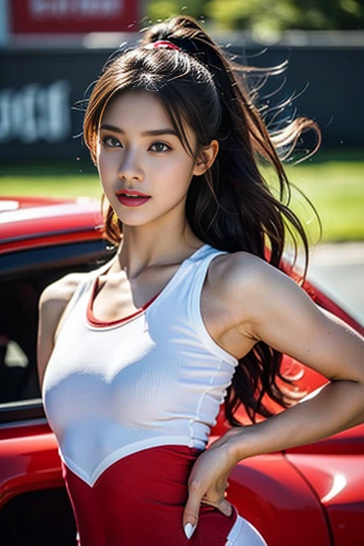 Ultra high quality, Realistic, Ultra-high resolution, 8k、Super Beautiful Women Realistic Japanese Women,  Perfect dynamic composition, Detailed and realistic skin texture、Beautiful face in every detail、Happy expression、Messy hairstyle、Grid Girls、Race Queen、Belly piercing
