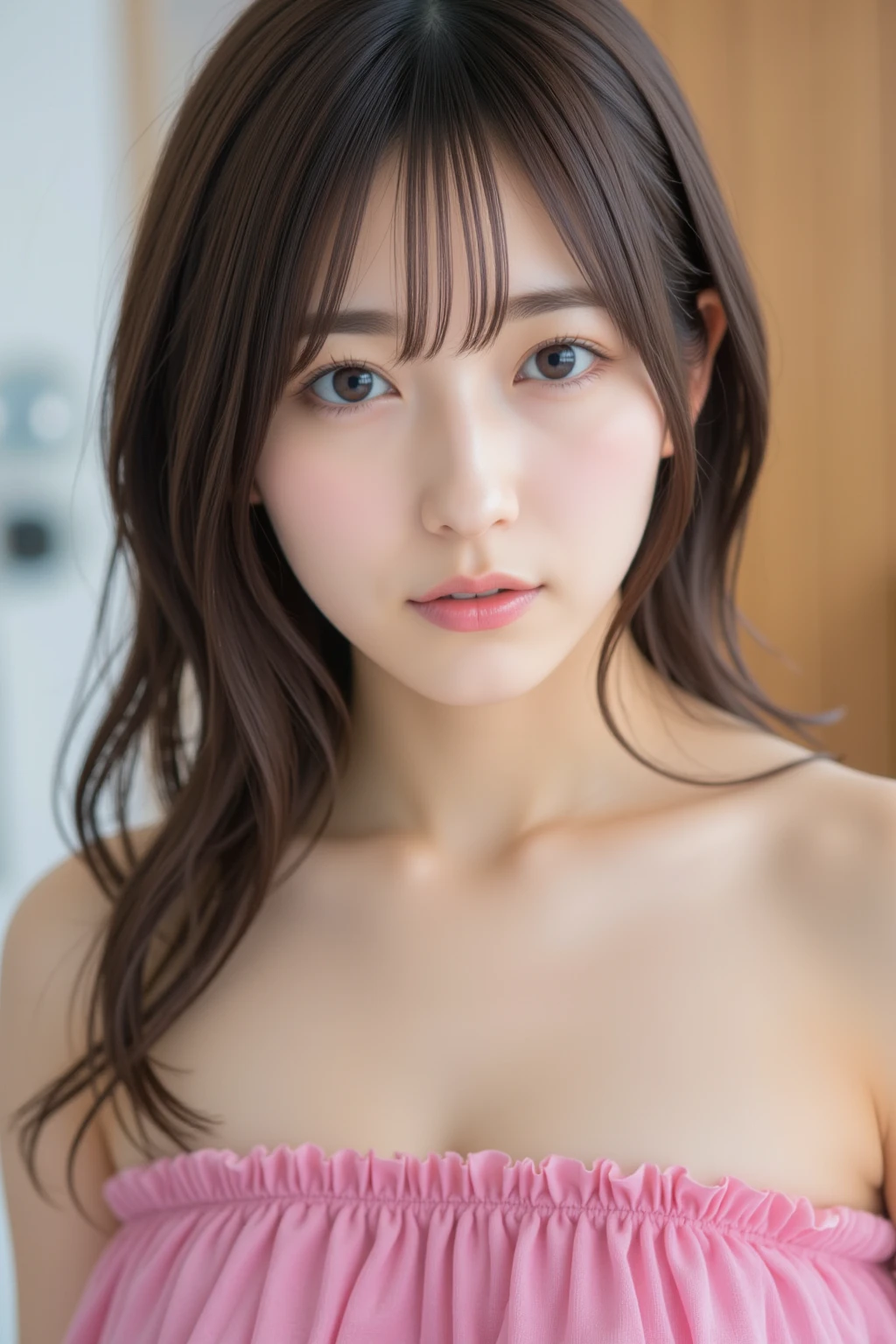 highest quality, Face Focus, Soft Light, Ultra-high resolution, (Realistic:1.4), RAW Photos,
1 Japanese girl, alone, cute, (pupil, Light in your eyes),  Beautiful face in every detail, (),(High resolution detail of human skin texture),
(Long Hair)、Cheeks、ponytail、
indoor,
topless,From above、
(Portraiture)